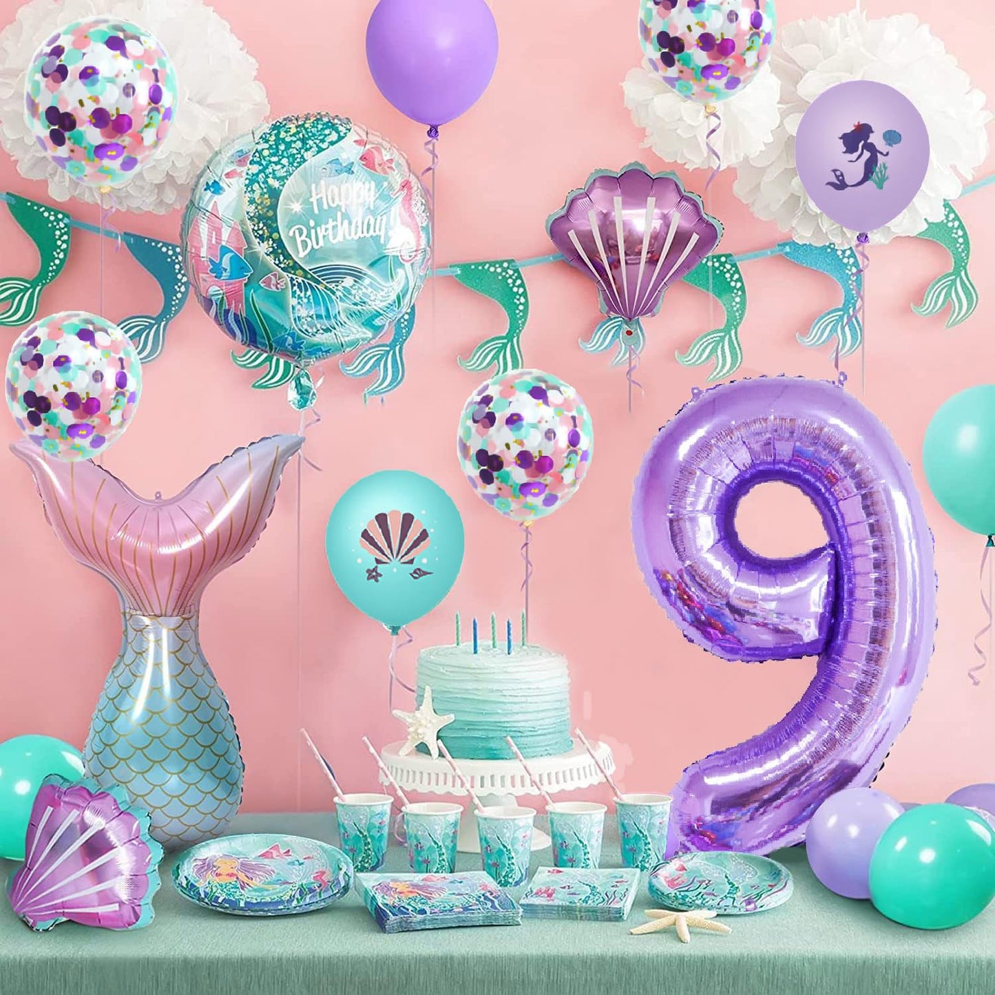 40 Inch Purple Number 9 Balloon,Giant Large Number 9 Balloon,9Th Birthday Mermaid Balloons,Children'S Birthday Party Baby Shower