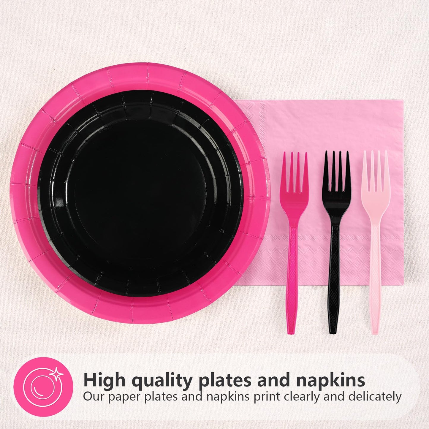 Grencian 96 Pcs Pink and Black Birthday Decorations Hot Pink Party Plates and Napkins Disposable Heavy Duty Pink and Black Table