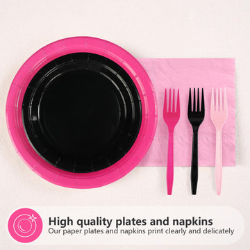 Grencian 96 Pcs Pink and Black Birthday Decorations Hot Pink Party Plates and Napkins Disposable Heavy Duty Pink and Black Table