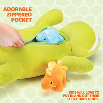 Prextex 15-Inch Stegosaurus Dinosaur Stuffed Animal Set With 3 Dino Plush Toys Inside, Large Zippered Pouch Dinosaur For Boys An
