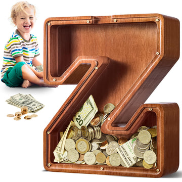 Summidate Large Wooden Piggy Bank For Kids Adults, Alphabets Letter A-Z Piggy Bank For Boys Girls, Coins Bills Change Bank Box P