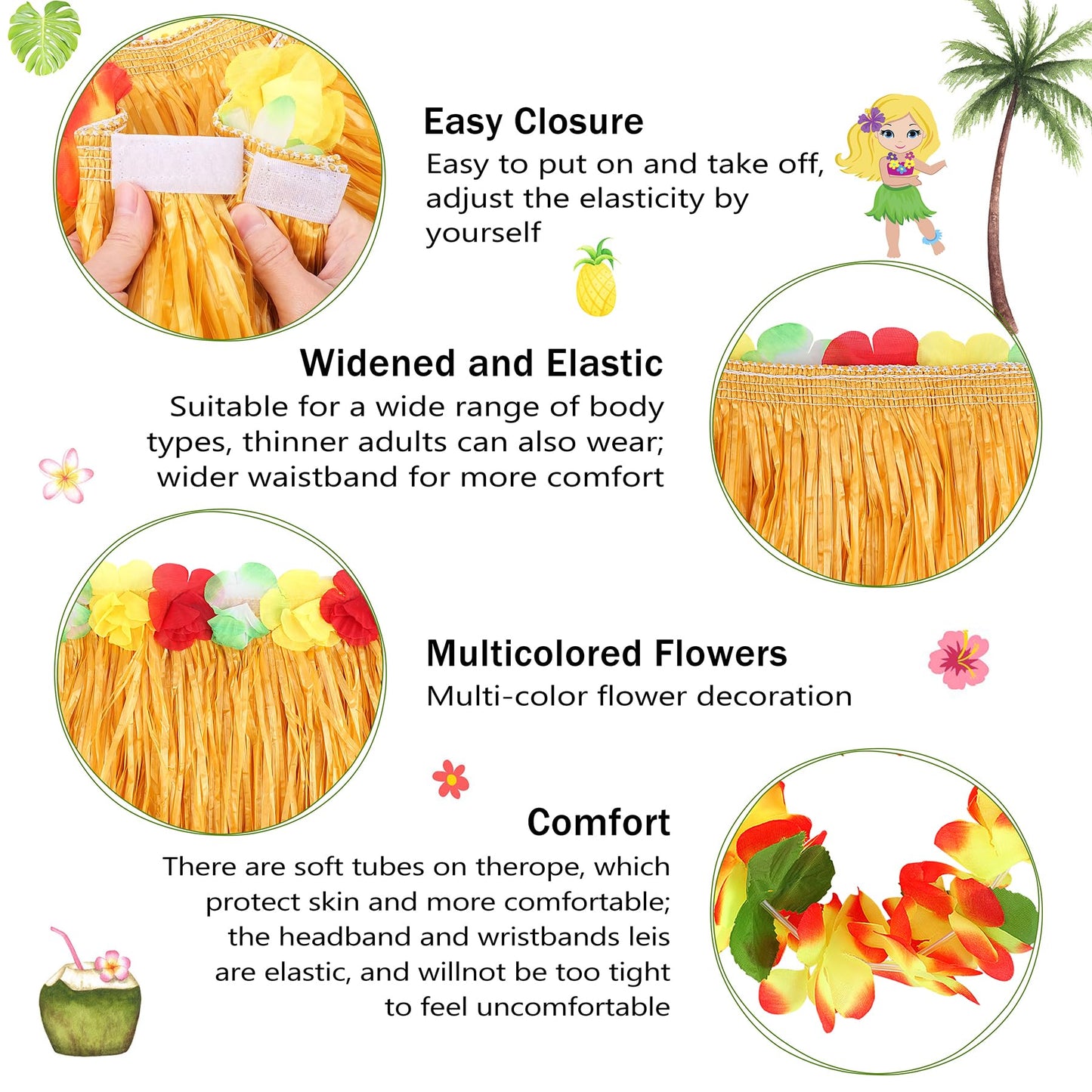 Fortuning's JDS 40cm Girl's Hawaiian Hula Grass Skirt with Flowers Costume for Luau Beach Party Performance Outfits Decor Gold