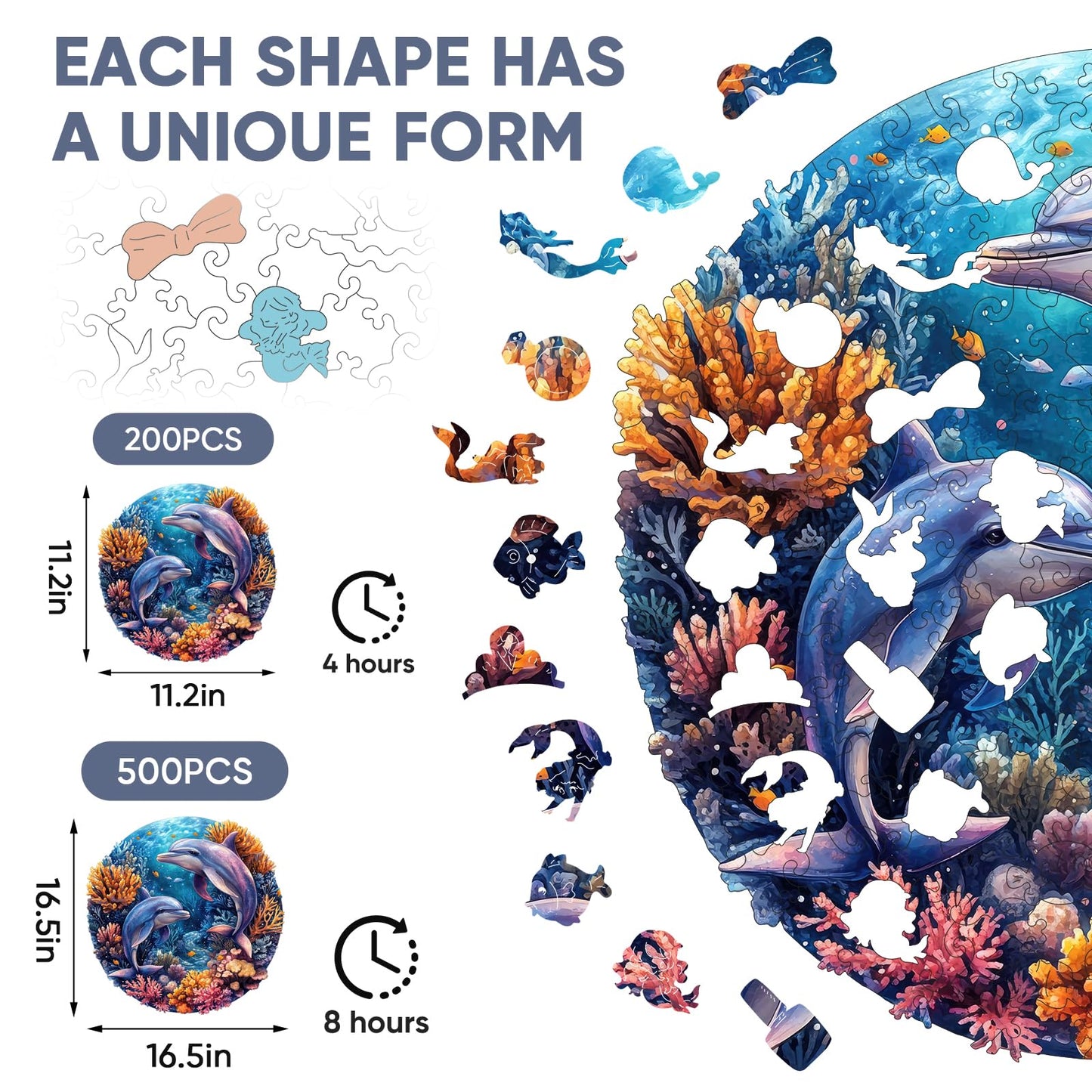 Wooden Puzzles for mature-themeds  Dolphins World Wooden Jigsaw Puzzles 200pcs 11.2x11.2in Medium Unique Shape mature-themed Puzzles Irregular Wood Puzzles Creative Gift for mature-themeds and Kids Family Game