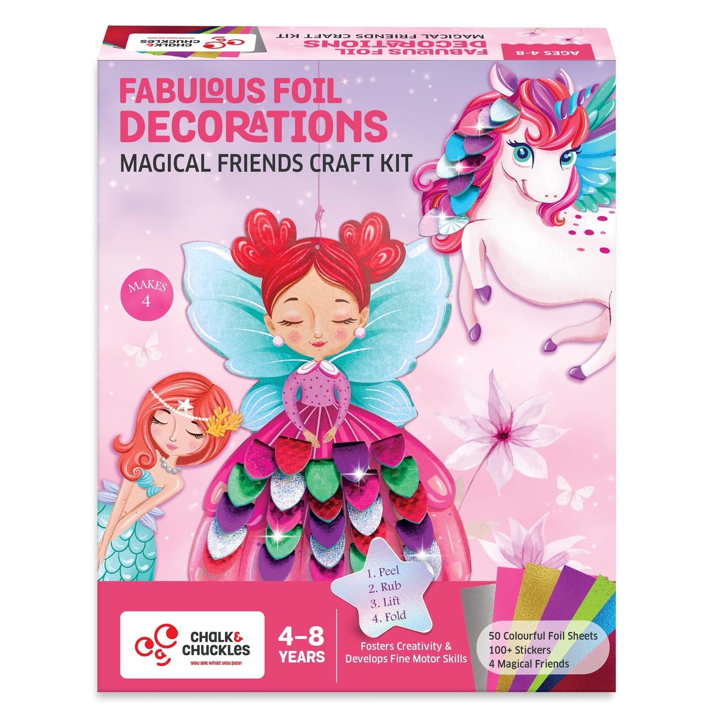 Chalk And Chuckles Cardboard Art And Craft Kit; Fabulous Foil Decorations For Kids Age 4-9 Year; Unicorn; Princess; Mermaid Them