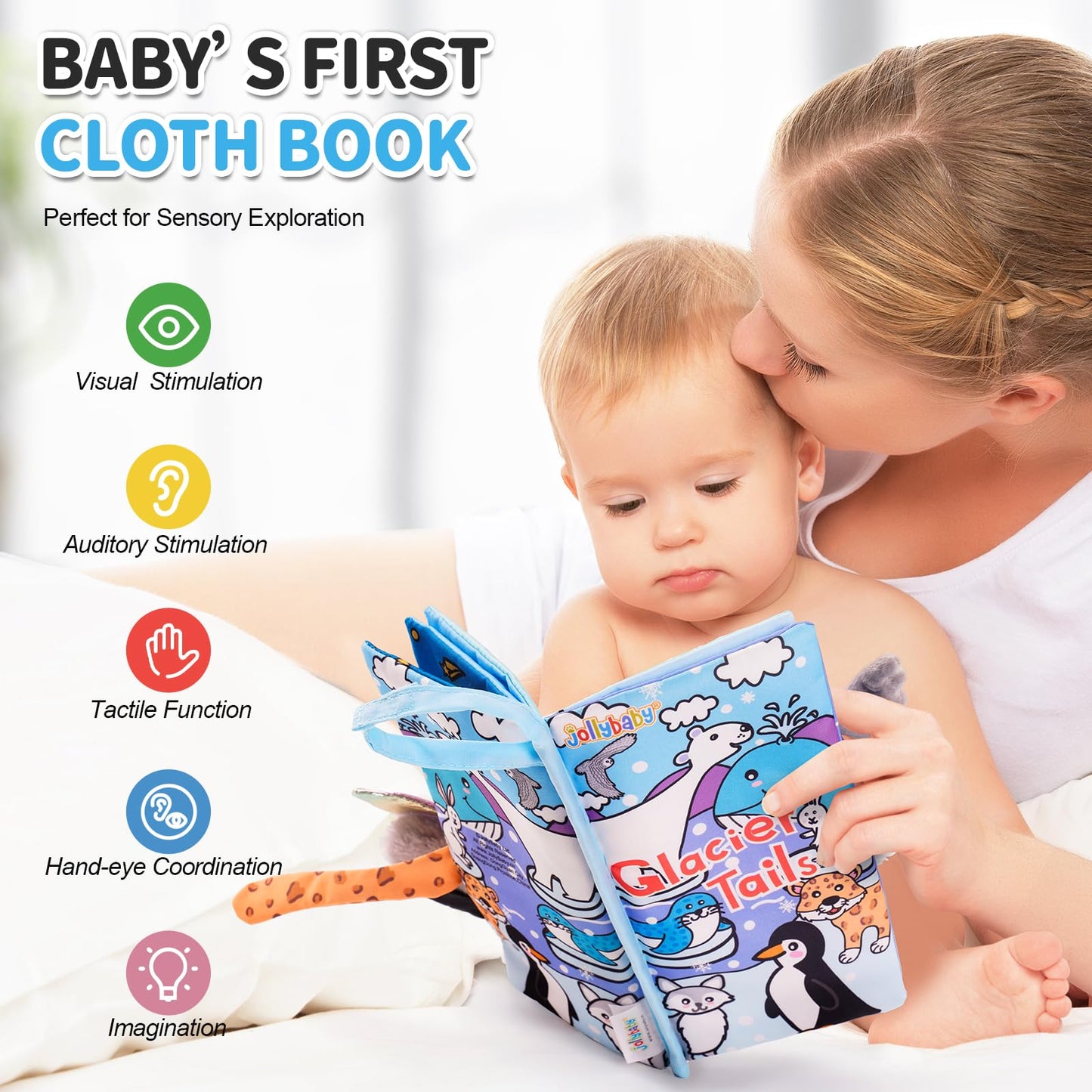 Jollybaby Baby Cloth Books, Touch & Feel Crinkle Soft Books, For Infants Babies, Toddler Early Educational Interactive Stroller Toys, Baby Girl & Boy Gift(Glacier Tails)