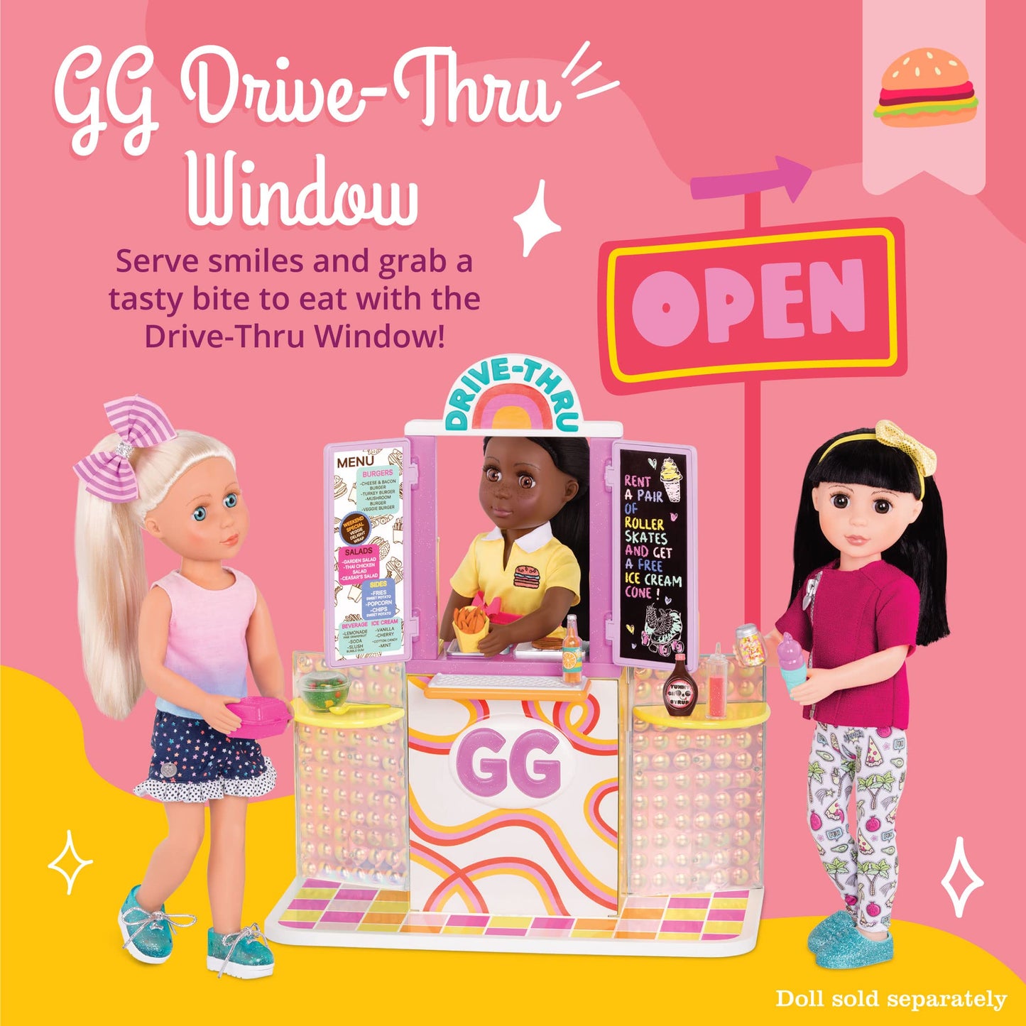 Glitter Girls Drive-Thru Window Set - Deluxe Play Food & Restaurant Playset for 14-inch Dolls - Small, Brown, Model GG57165C1Z