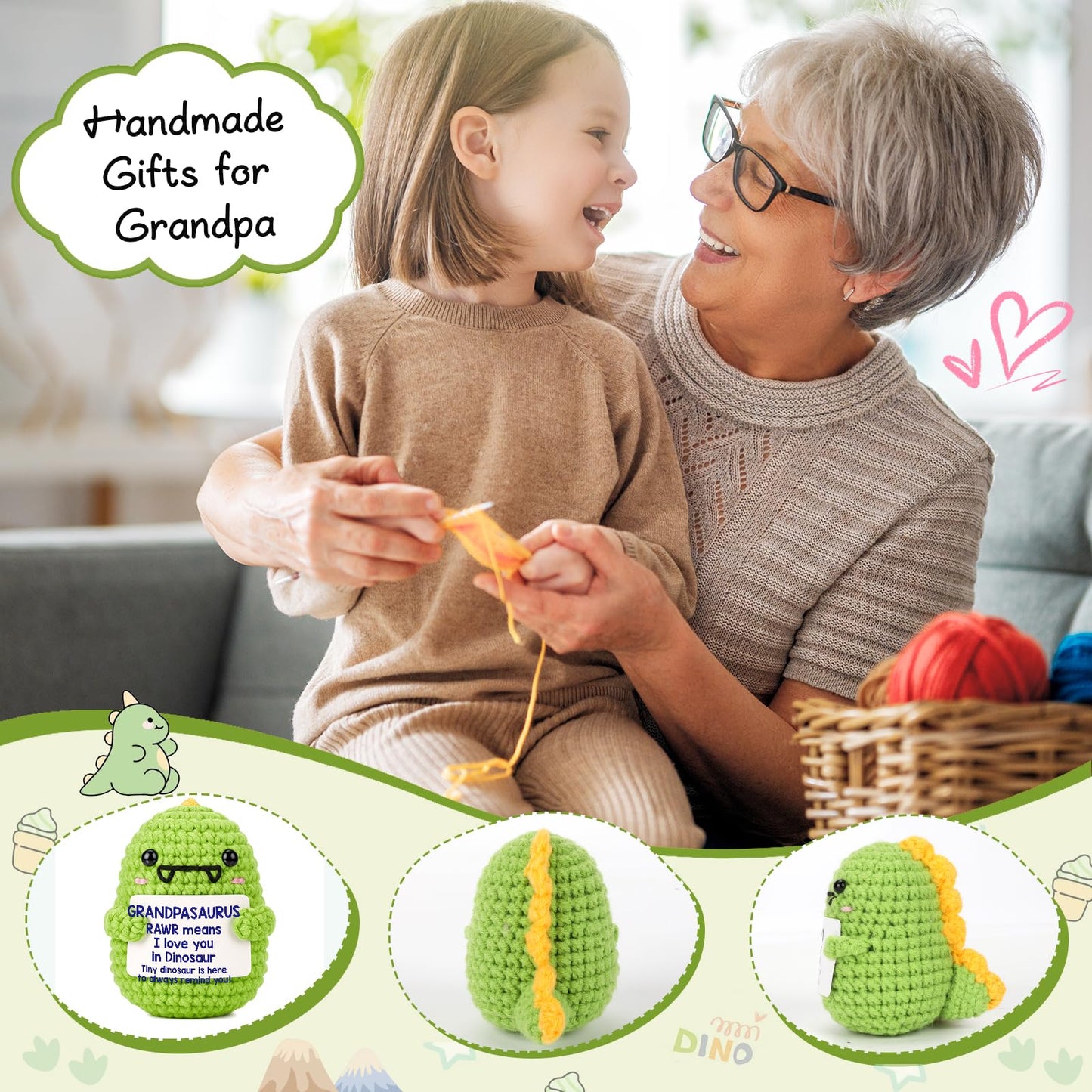 Mini Grandpa Gifts for Christmas- Handmade Crochet Dinosaur Grandpasaurus RAWR I Love You Gift for Grandpa Papa Pops Birthday Ch