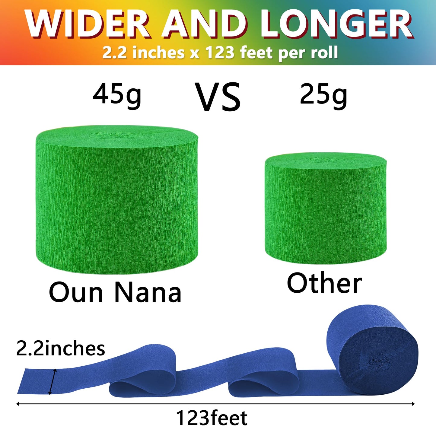 Oun Nana Crepe Paper Streamers 6 Rolls Rainbow Streamers 2.2 Inches 738 Feet, Streamers Party Supplies for Birthday, Wedding, Ba
