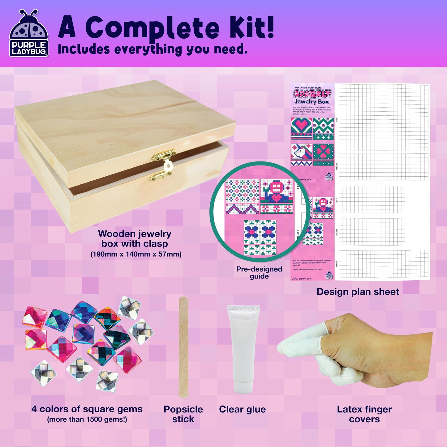 PURPLE LADYBUG Sparkly Jewelry Box Kit with Gems – Arts & Crafts for Kids 8-12, Wooden, Fun Easter & Birthday Gift