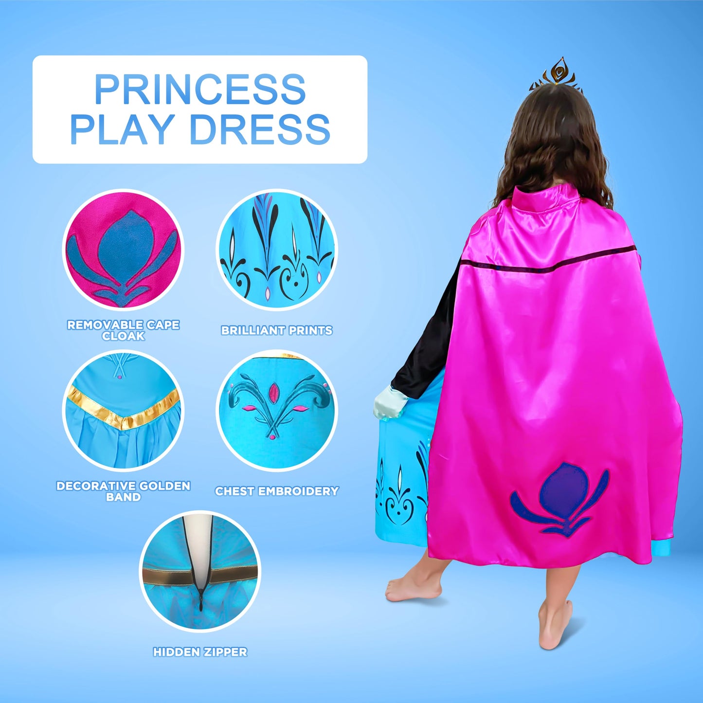 Cokos Box Girls Coronation Princess Dress Costume, Long Cape, Gloves, Tiara Crown Accessories Kids Set, Blue, Size 7 Years