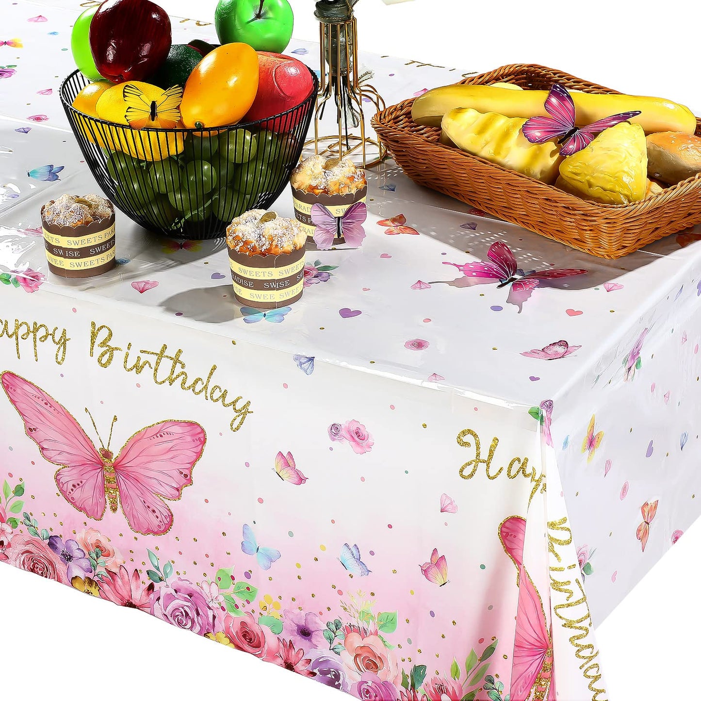 Butterfly Happy Birthday Tablecloth, Butterfly Party Decoration Rectangular Watercolor Butterfly Table Cover Spring Themed Plast