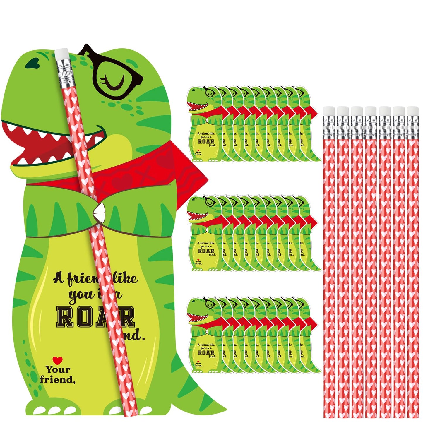 Dunzoom 36 Sets Dinosaur Valentine s Day Cards Exchange Gifts for Kids Heart Pencils with Eraser Punny Dinosaur Valentines Day 