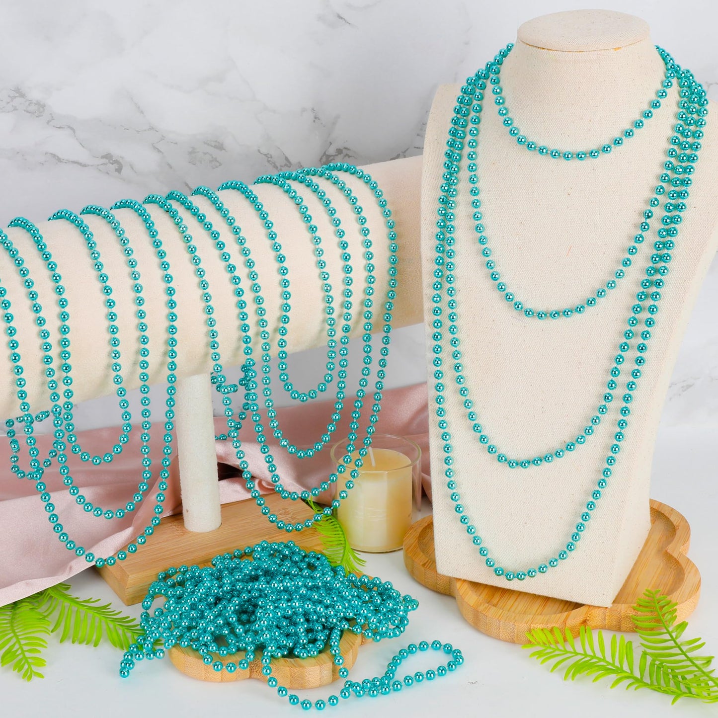 Huskein 12 Pcs Lakeblue Beads Necklaces, 33'' Mardi Gras Beads Bulk, Festival Parade Throws Accessories, Round Costume Necklace