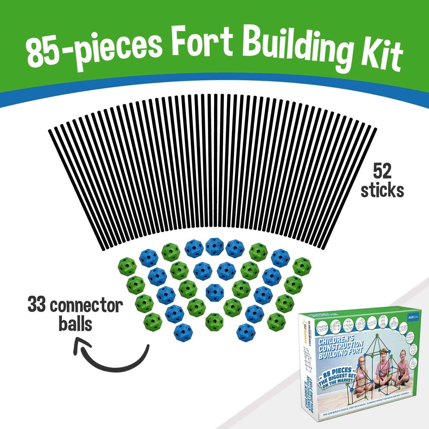 Matchaccino Construction Fort Building Kit - 85 Pieces With Storage Bag - Blue And Green Stem Building Kit Gift For Kids…