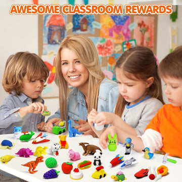 100 Pack Animal Erasers Desk Pet For Kids 3D Puzzle Pencil Eraser Take Apart Bulk Treasure Box Toy For Classroom School Prize Kids Party Favors Back To School Supplies Goodie Bag Stuffers Gift(Random)