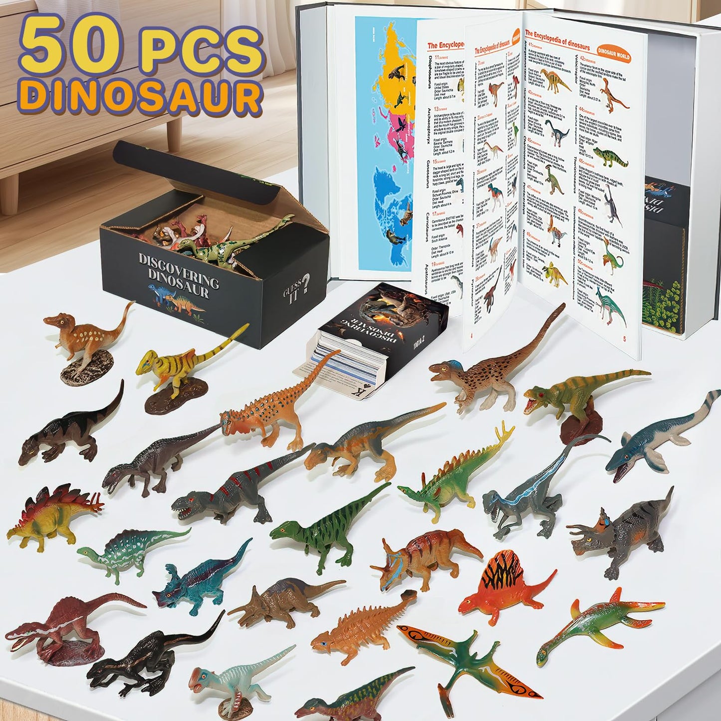 50 Realistic Dinosaur Toys For 3-7 Year-Old Kids, With Dinosaur Book & Dinosaur Learning Cards - Educational Small Dinosaur Figures For Dinosaur Party Favors, Dinosaur Gifts, Boys And Girls