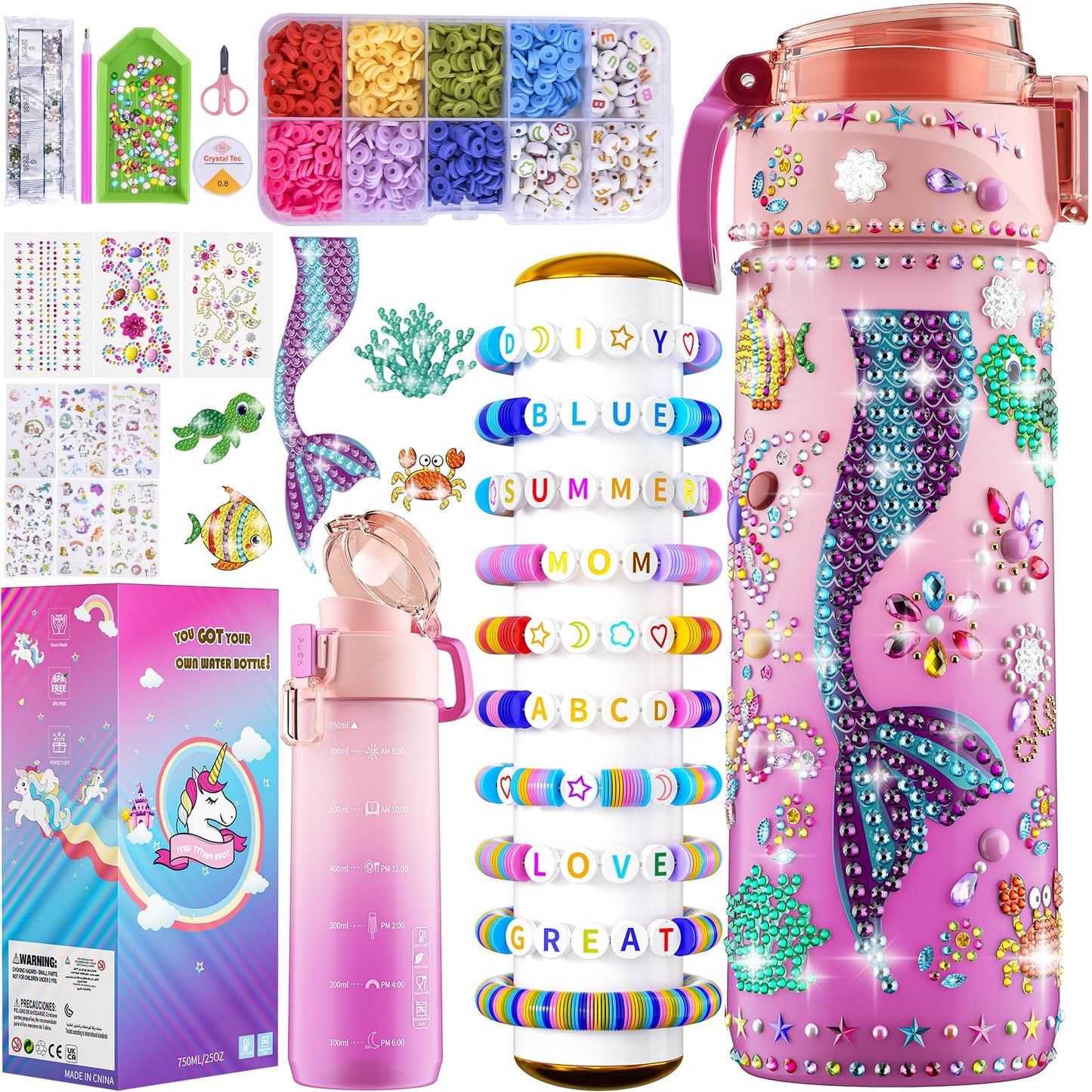 BOOH Decorate Your Own Water Bottle Kits for Girls, Mermaid Violets, BPA Free, Fun Arts & Crafts, Ages 4-12, Model WY-WB-C