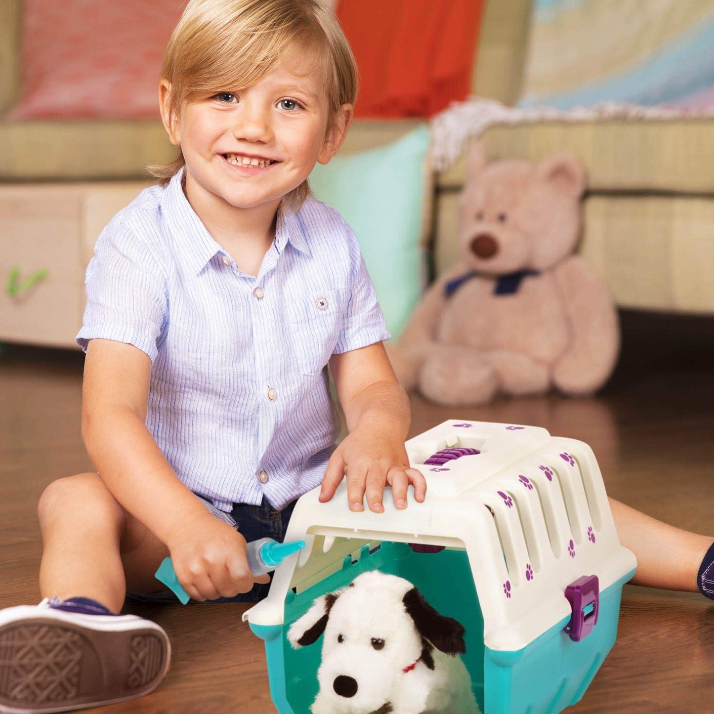 Battat Veterinarian Toy Set - 15-Piece Plush Dalmatian Puppy Medical Kit for Kids, Ages 2-4, Blue - Includes Stethoscope & Tools