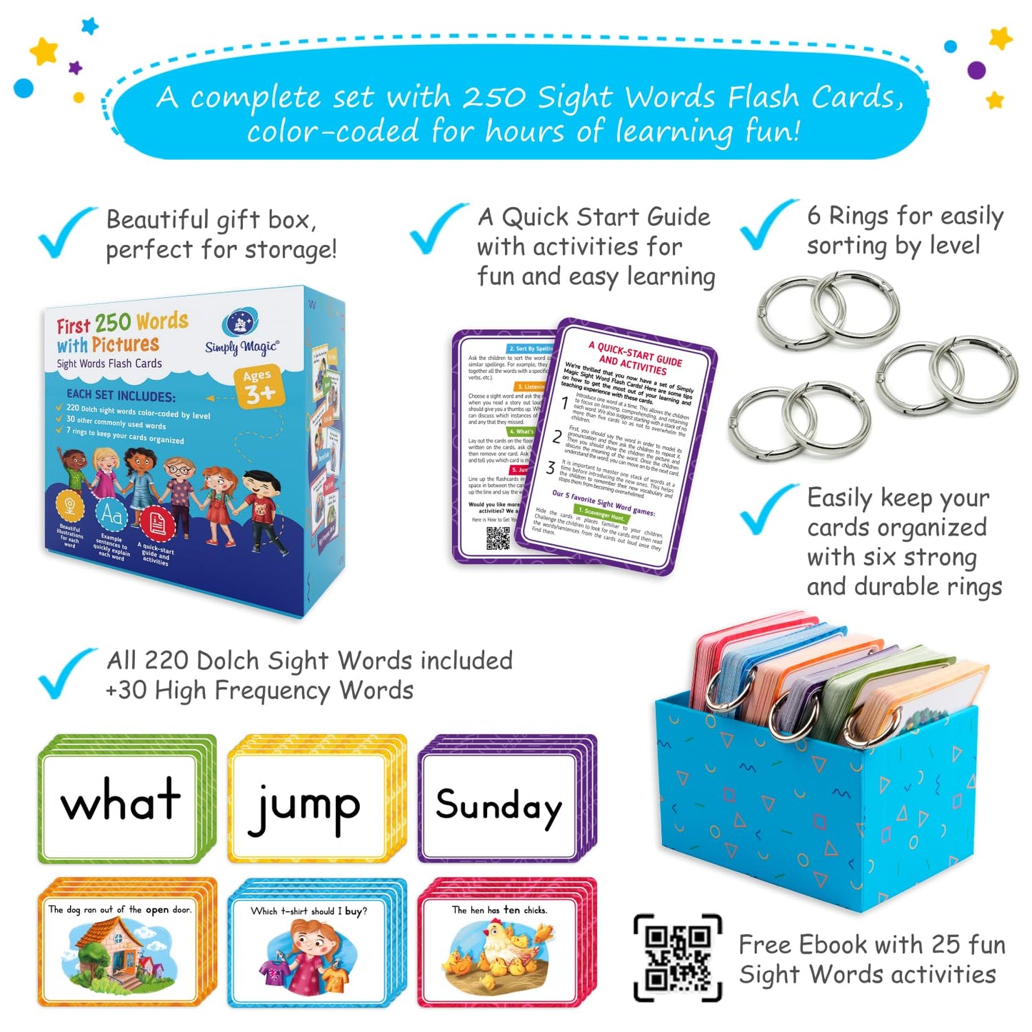 250 Sight Words Flash Cards For Kindergarten With Pictures, Dolch Sight Words Pre-K For Toddlers 3 4 5 6 7 8 Years, High Frequency Words Reading Cards For Kids Ages 4-8, Preschool - Simply Magic