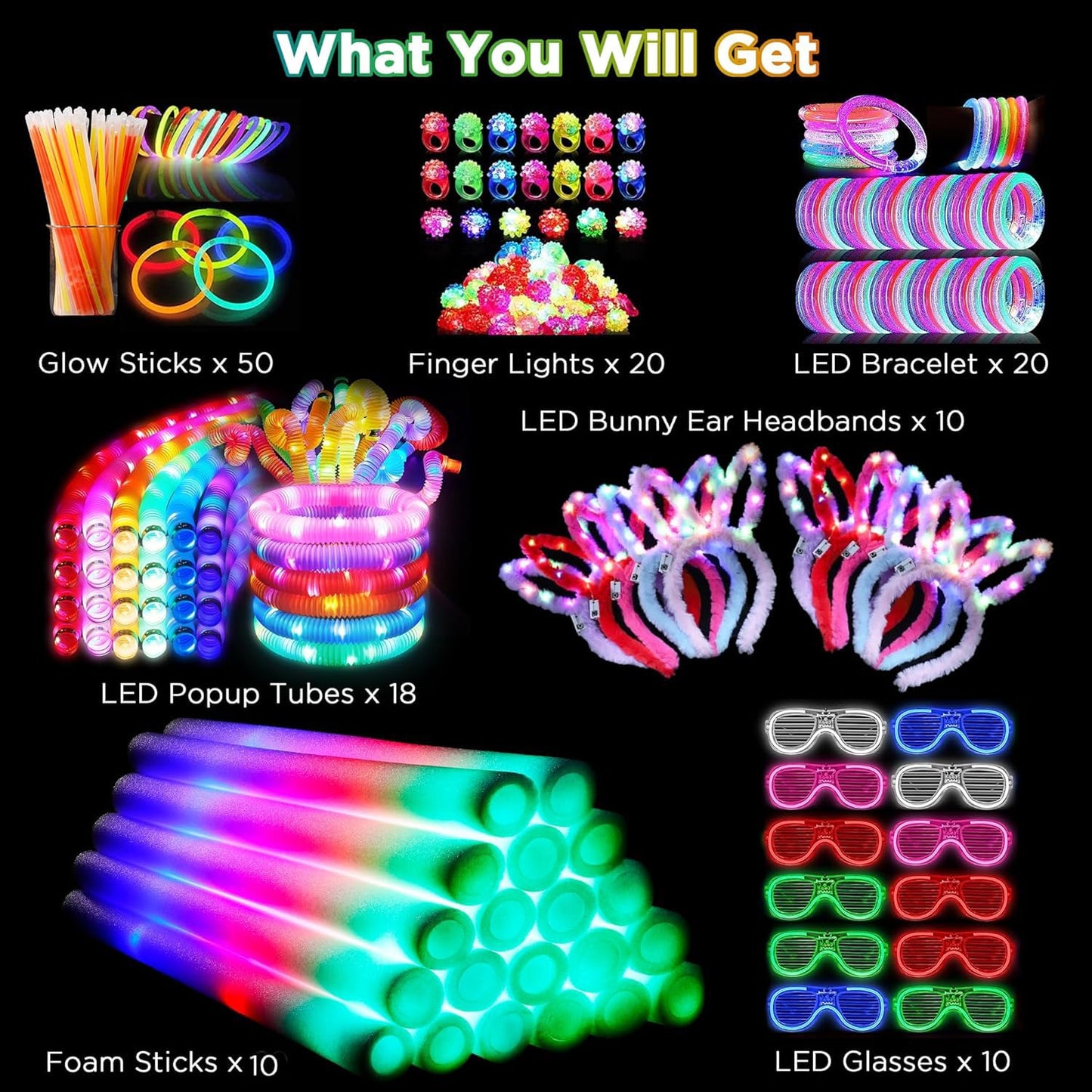 Glow Party Supplies, 138Pcs Glow In The Dark Party Supplies, 10Pcs Foam Glow Sticks,50Pcs Glow Sticks,10Pcs Led Glasses,10Pcs Led Bunny Ear Headband,20Pcs Led Ring,18Pcs Pop Tubes,20 Led Bracelet
