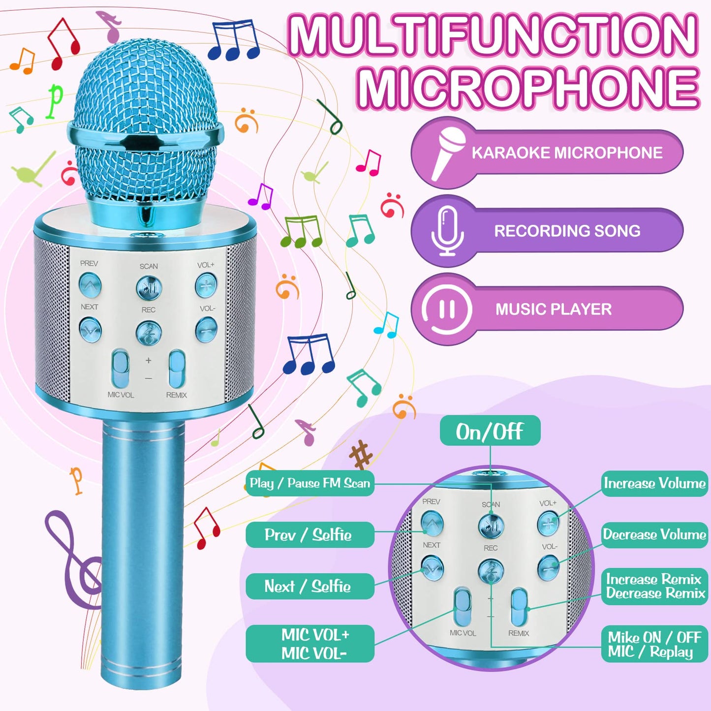 Viposoon Kids Gifts For 6 7 8 9 10 11 Year Old Boys Girls, Karaoke Microphone For Kids Popular Toys For 5-12 Year Old Boys Girls Christmas Birthday Gifts For Toddler Teenage Girl Boy - Blue