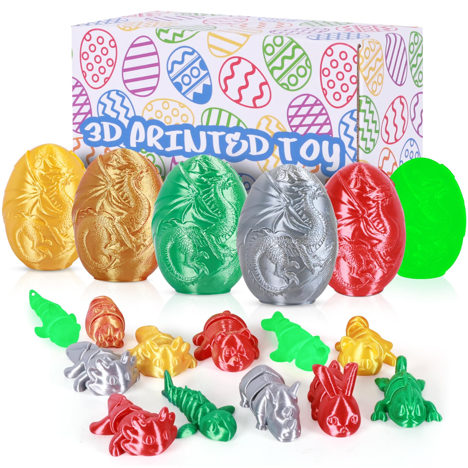 iBuddy 3D Printed Dragon Egg  Easter Egg with Animals Inside  Pearlescent for Easter Basket Stuffer & Birthday Party Gift (6PCS)