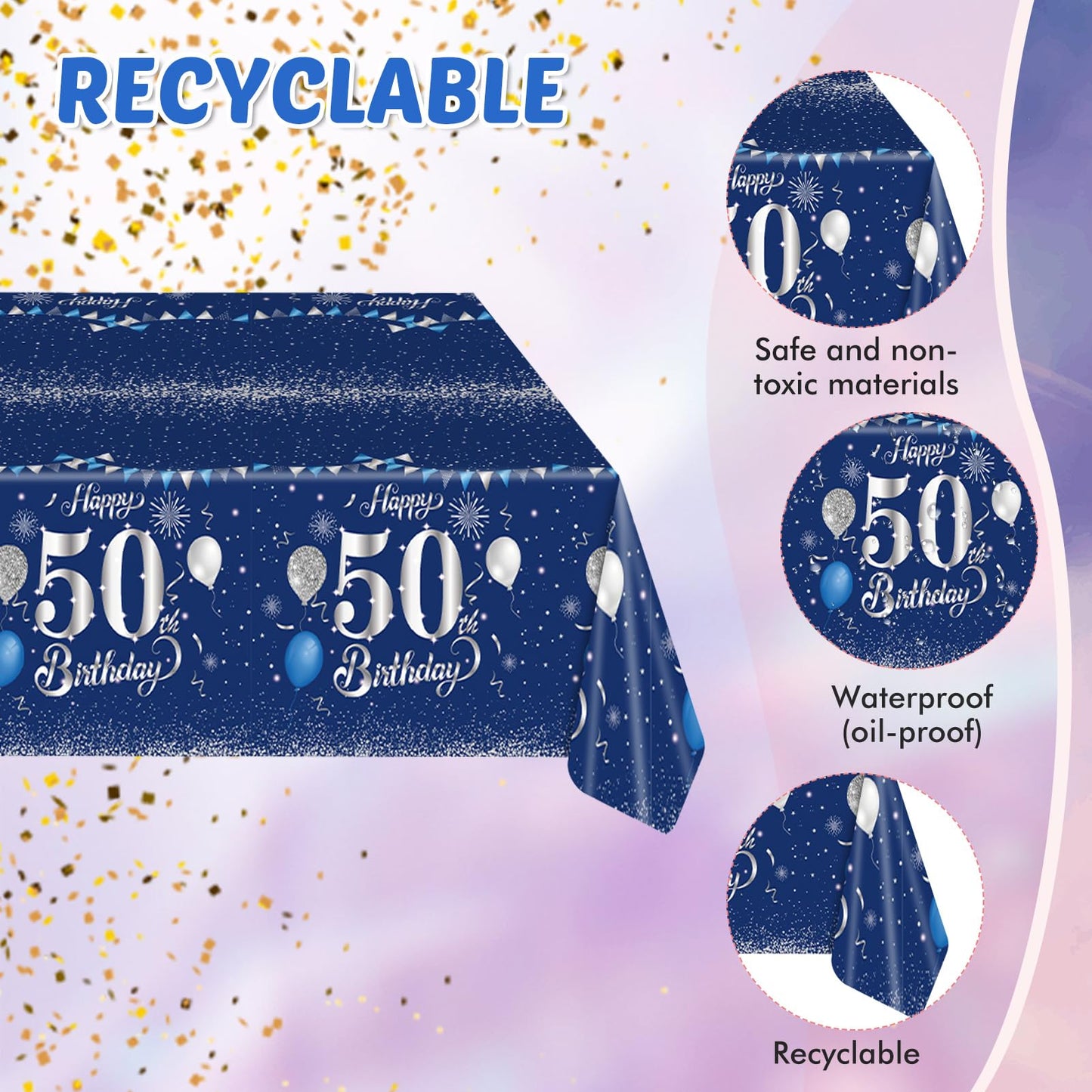 Navy Blue And Silver 50Th Birthday Paper Tableware Happy Birthday Party Plates Napkins And Plastic Table Covers For Men Women 50