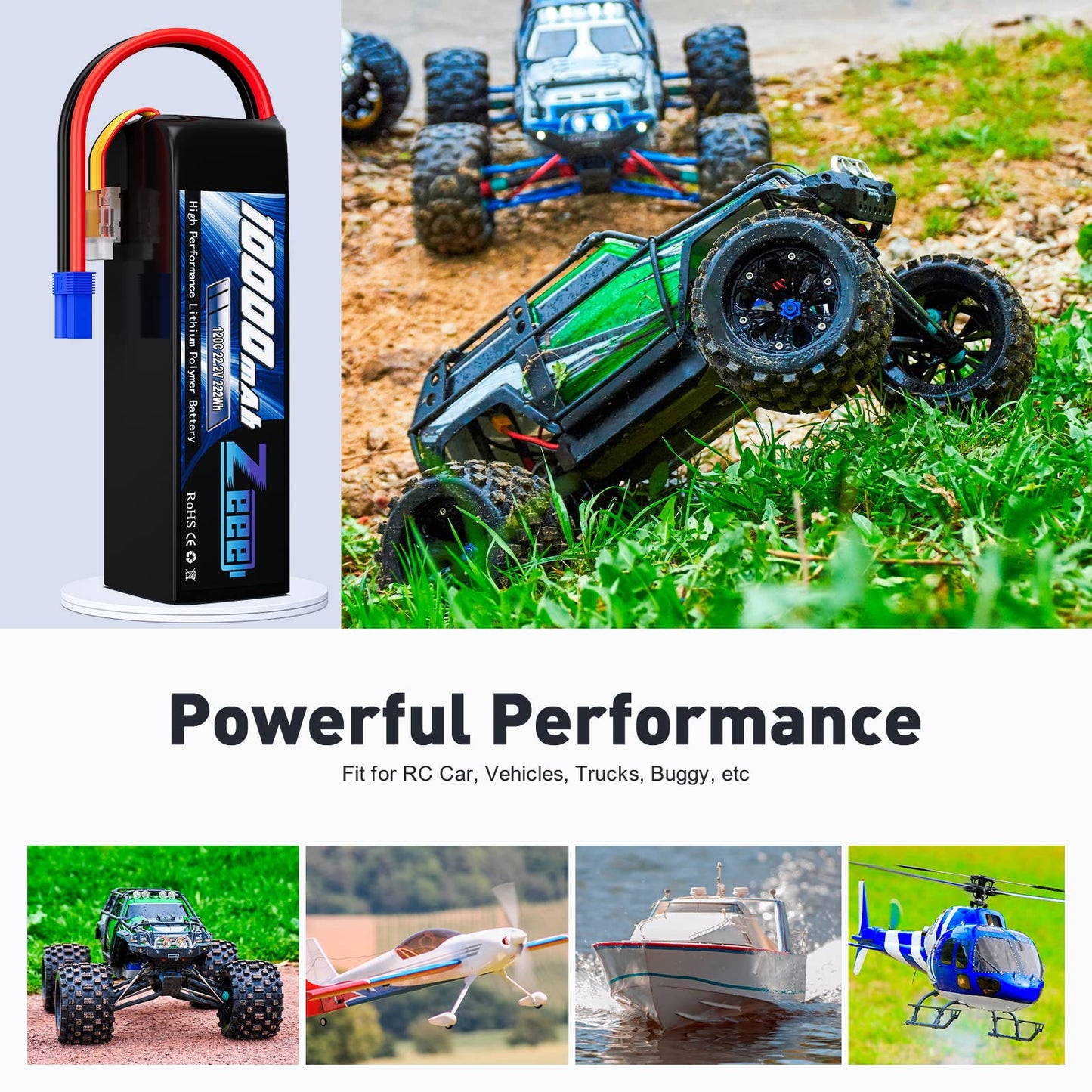 Zeee 6S Lipo Battery 10000mAh 22.2V 120C Soft Pack RC Battery EC5 Connector with Metal Plates for RC Car Truck Desert Racer RC T