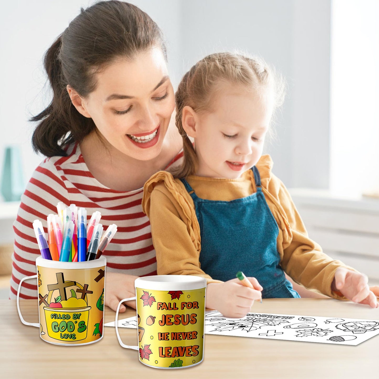 Fall Color Your Own Mugs for Kids - 12Pcs Thanksgiving Bulk 8oz Personalized Coffee Mugs with 36Pcs Insert Paper Religious DIY P