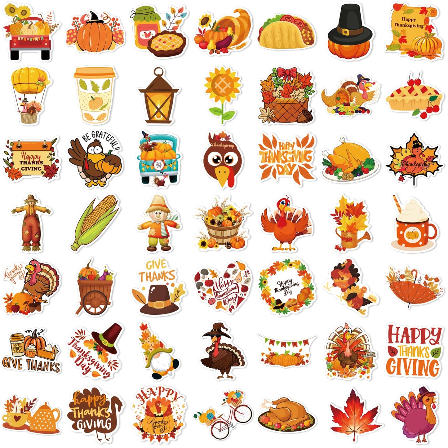 Xzentira 100 Pcs Thanksgiving Stickers Fall Cute Waterproof Vinyl Gift Stickers For Water Bottles, Cards, Scrapbooking, Happy Th