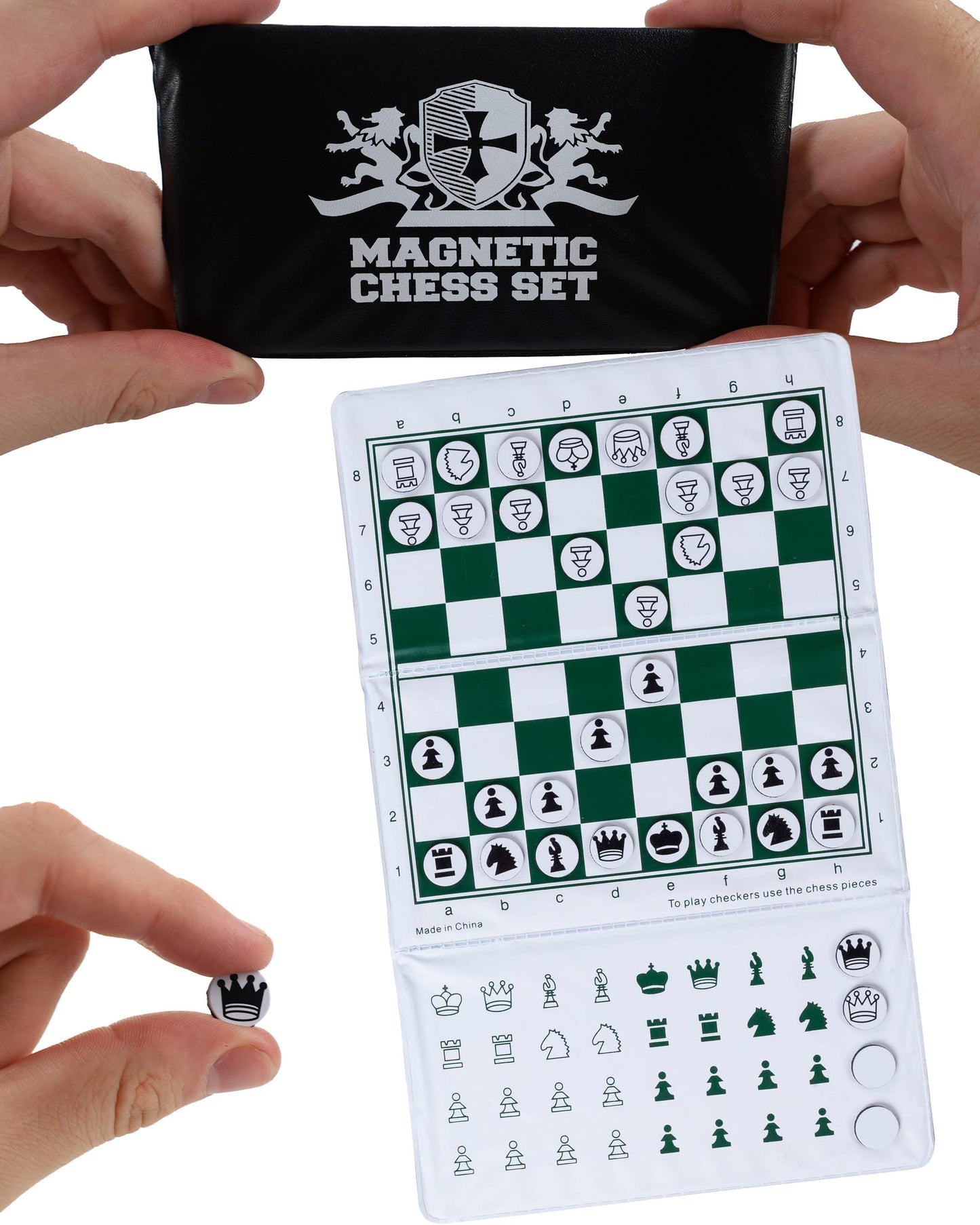 We Games Mini Magnetic Travel Chess Set – 6” Compact Foldable Board With Durable Vinyl Design Pieces - Indoor & Outdoor Magnetic Chess Game - Extra Queens Included, White Logo