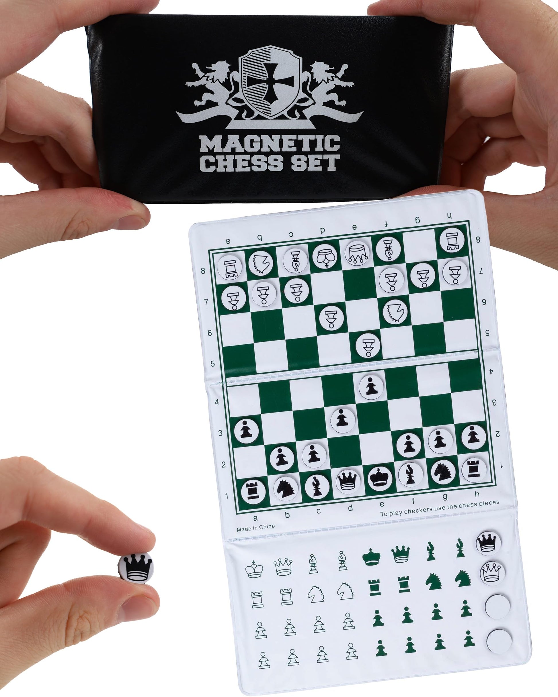 We Games Mini Magnetic Travel Chess Set – 6” Compact Foldable Board With Durable Vinyl Design Pieces - Indoor & Outdoor Magnetic Chess Game - Extra Queens Included, White Logo