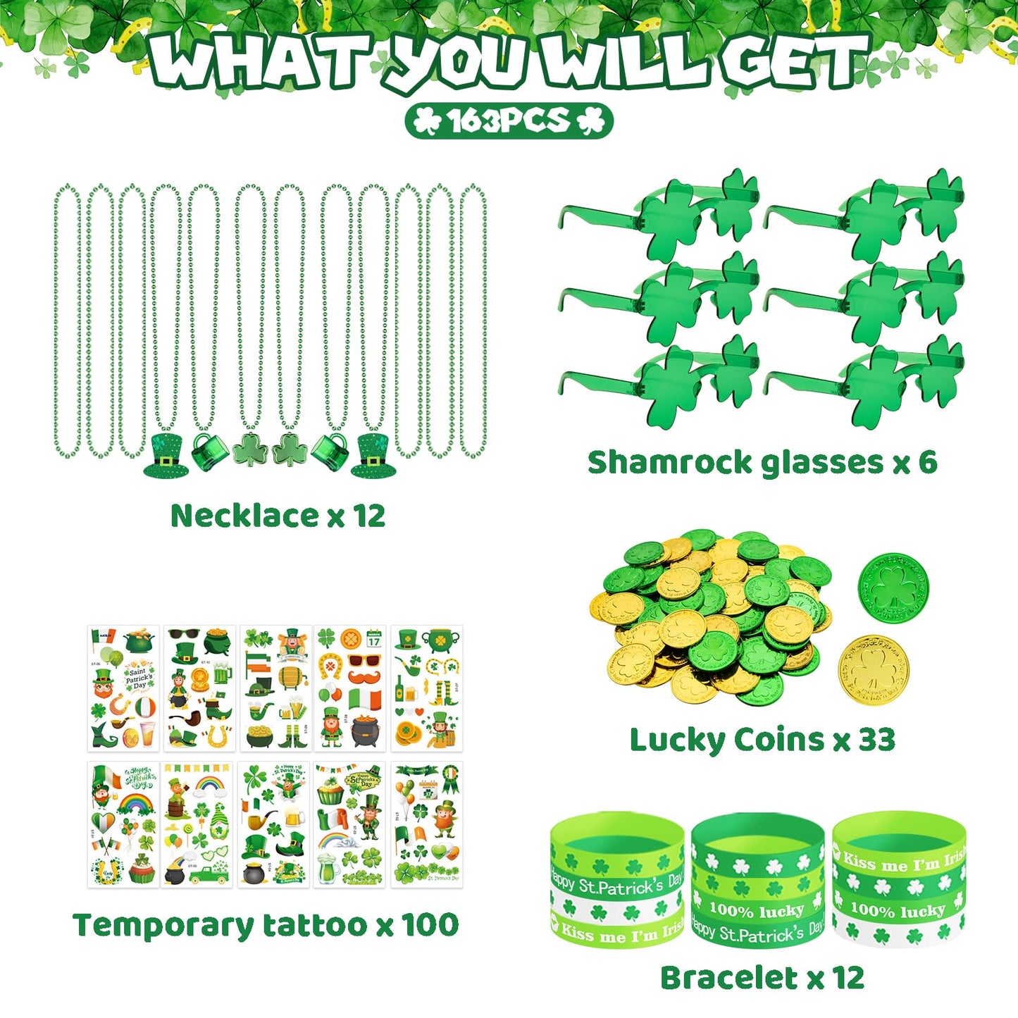 DMIGHT 163Pcs St. Patricks Day Accessories Party Favor Set, Tattoo Stickers, Necklaces, Bracelets, Shamrock Glasses, lucky Coin