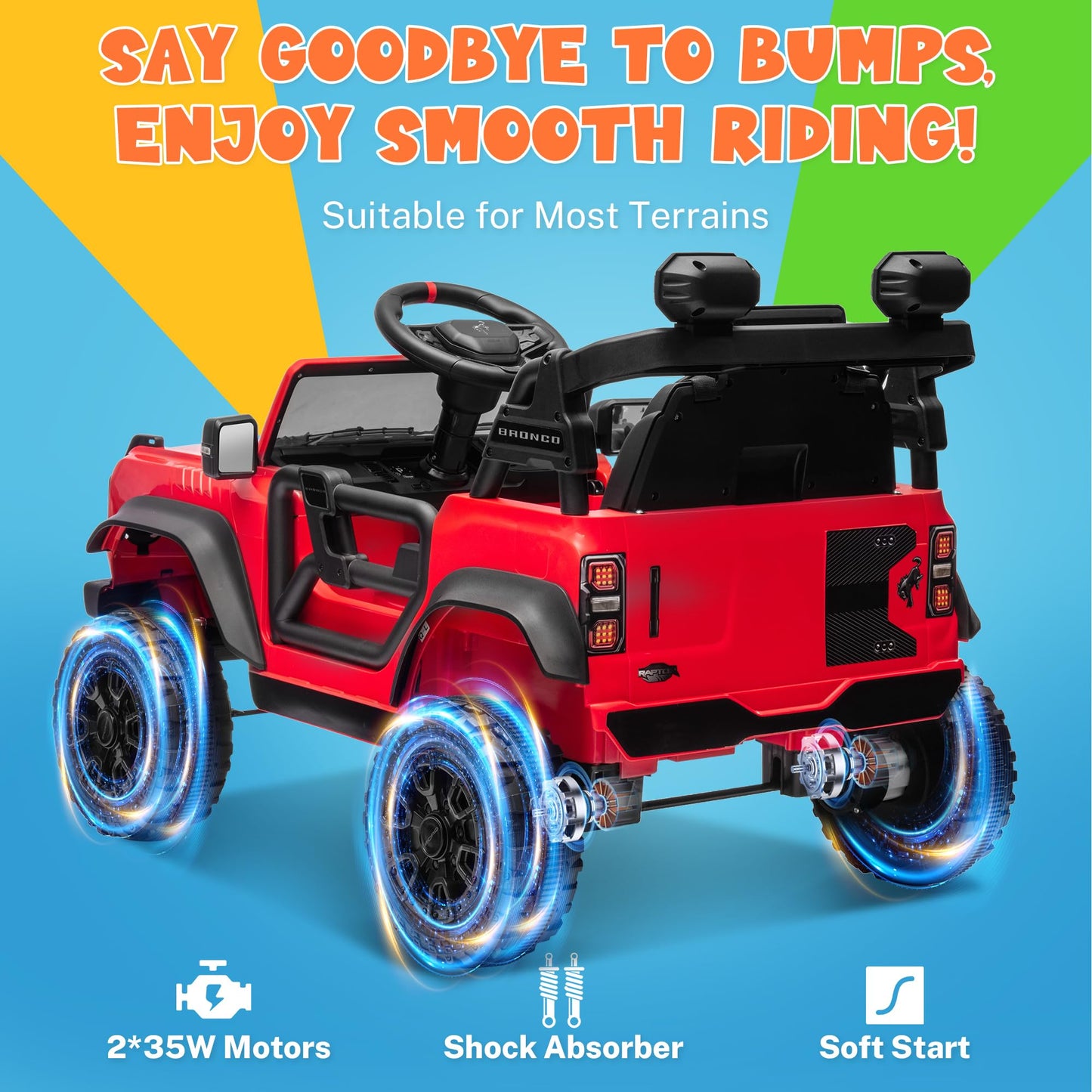 Enyopro 12V Kids Ride On Car With Remote Mode, Licensed Ford Bronco Raptor Electric Car For Toddlers, Battery Powered Ride On To