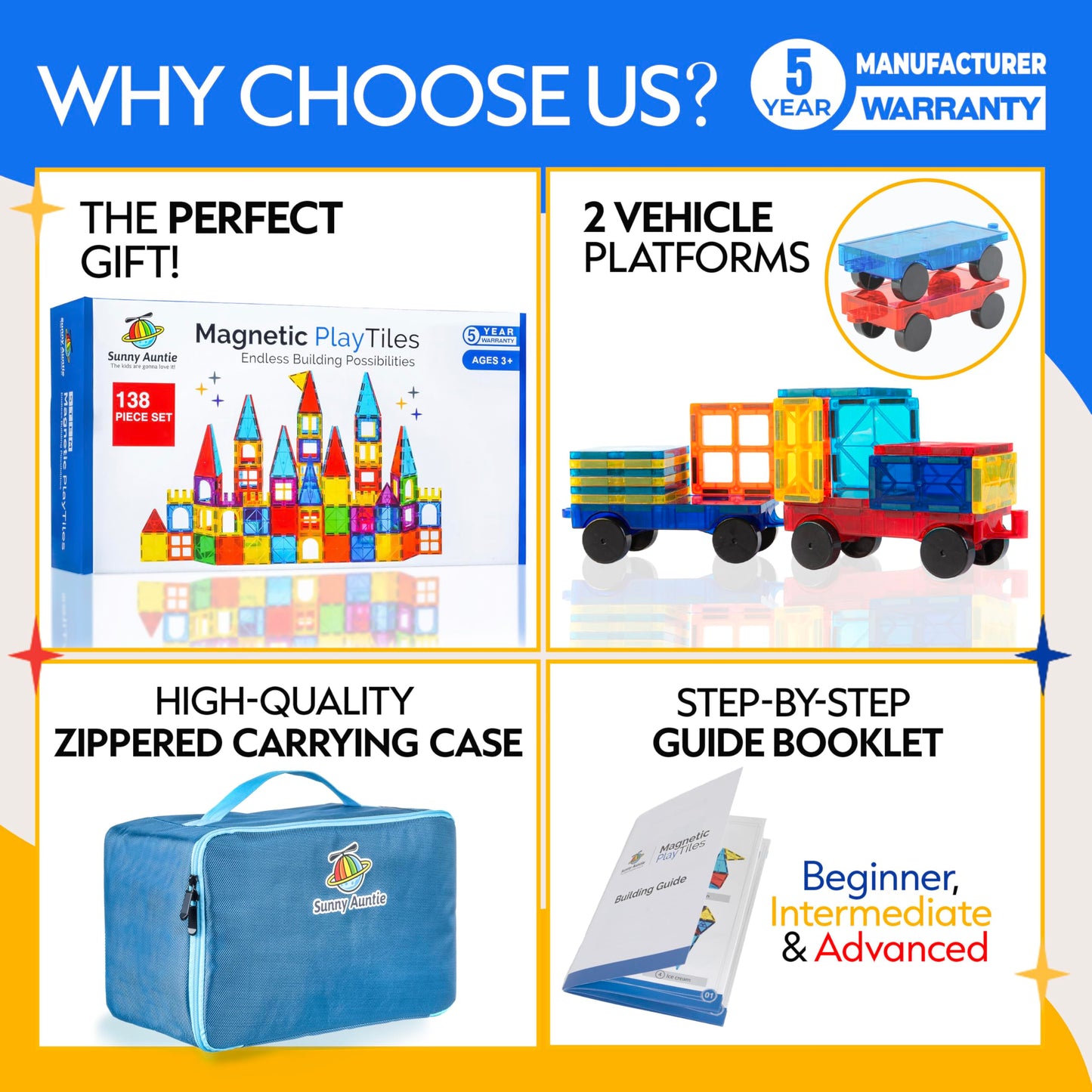 SUNNY AUNTIE Magnetic Tiles 138 PCS+ Bonus Zippered CASE, Magnetic Tiles for Kids Toy for 3 4 5 6 7 8 Year Old Boys & Girls, Gre