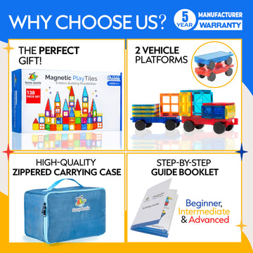 SUNNY AUNTIE Magnetic Tiles 138 PCS+ Bonus Zippered CASE, Magnetic Tiles for Kids Toy for 3 4 5 6 7 8 Year Old Boys & Girls, Gre