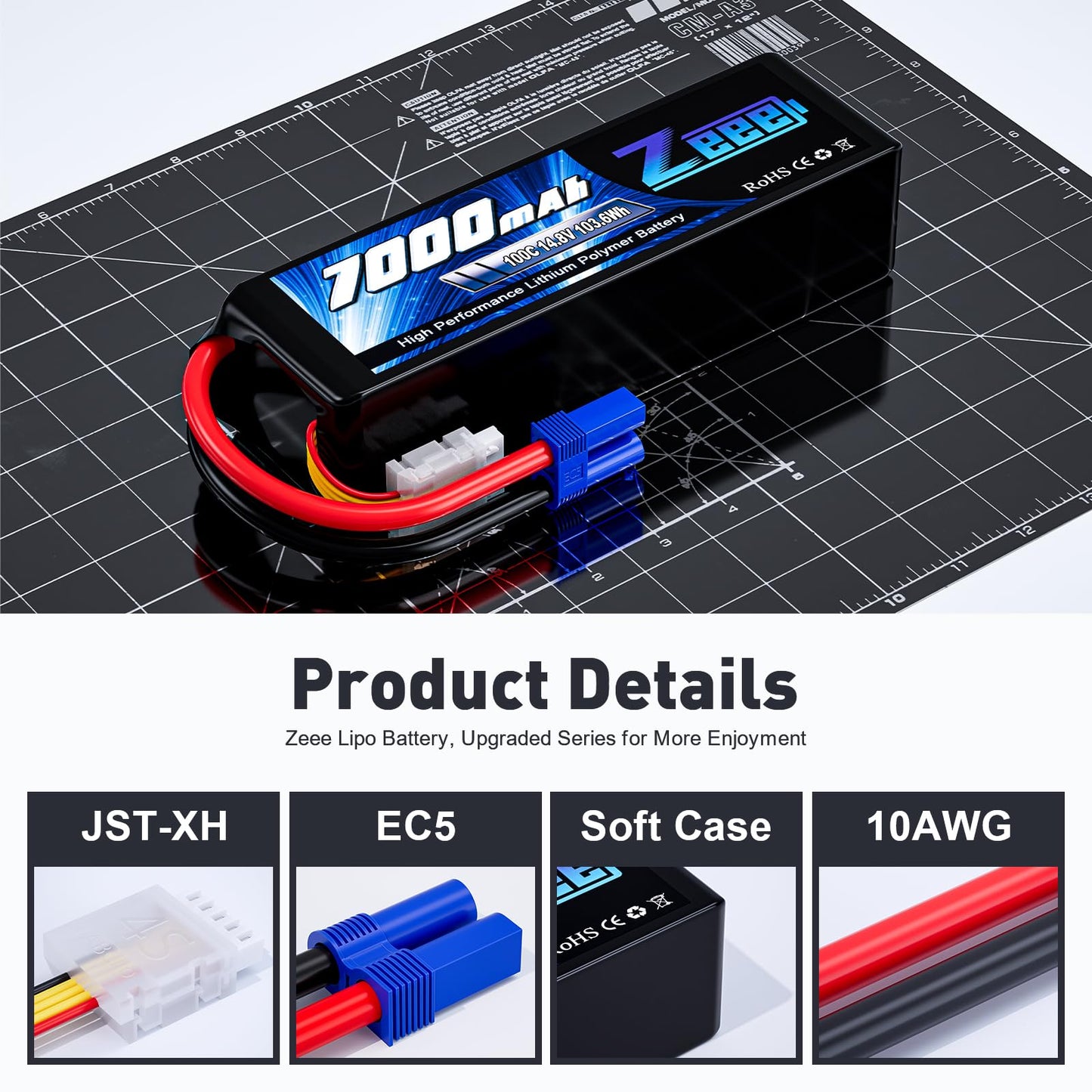 Zeee 4S Lipo Battery 7000mAh 14.8V 100C Soft Pack RC Battery EC5 Connector with Metal Plates for RC Car RC Truck RC Tank Racing