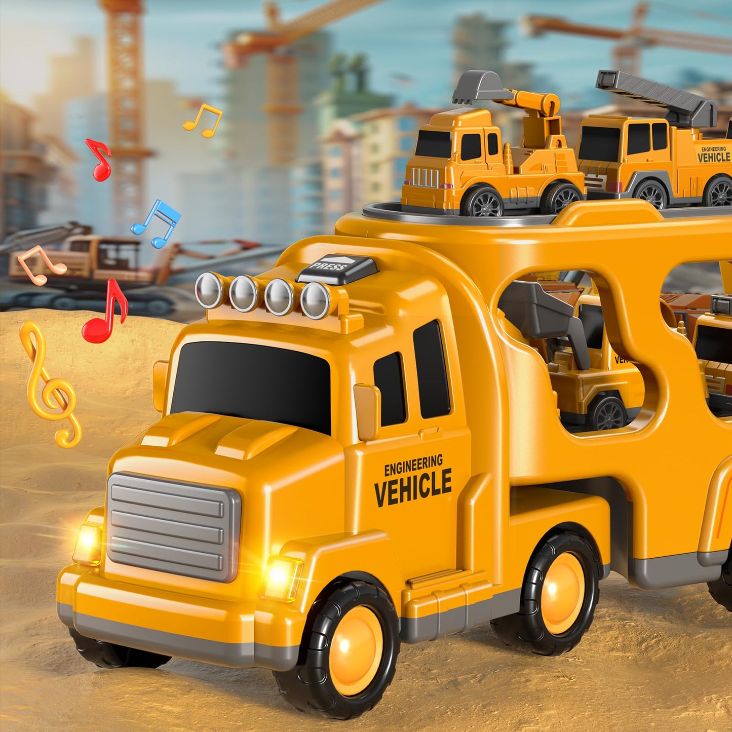 Beby Buty 7 in 1 Construction Trucks Cars Toys for Toddlers 3-5, Boy Toddler Car Truck Toys with Light Sound, Birthday Gifts Toy