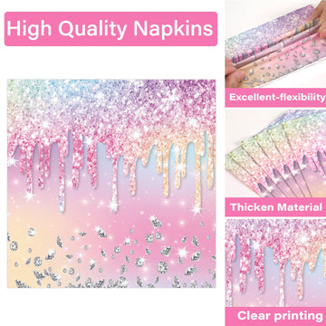 Qyeahkj 100Pcs Iridescent Diamond Birthday Party Plates Napkins Forks Supplies Set Holographic Tableware Party Supplies Gem Ston