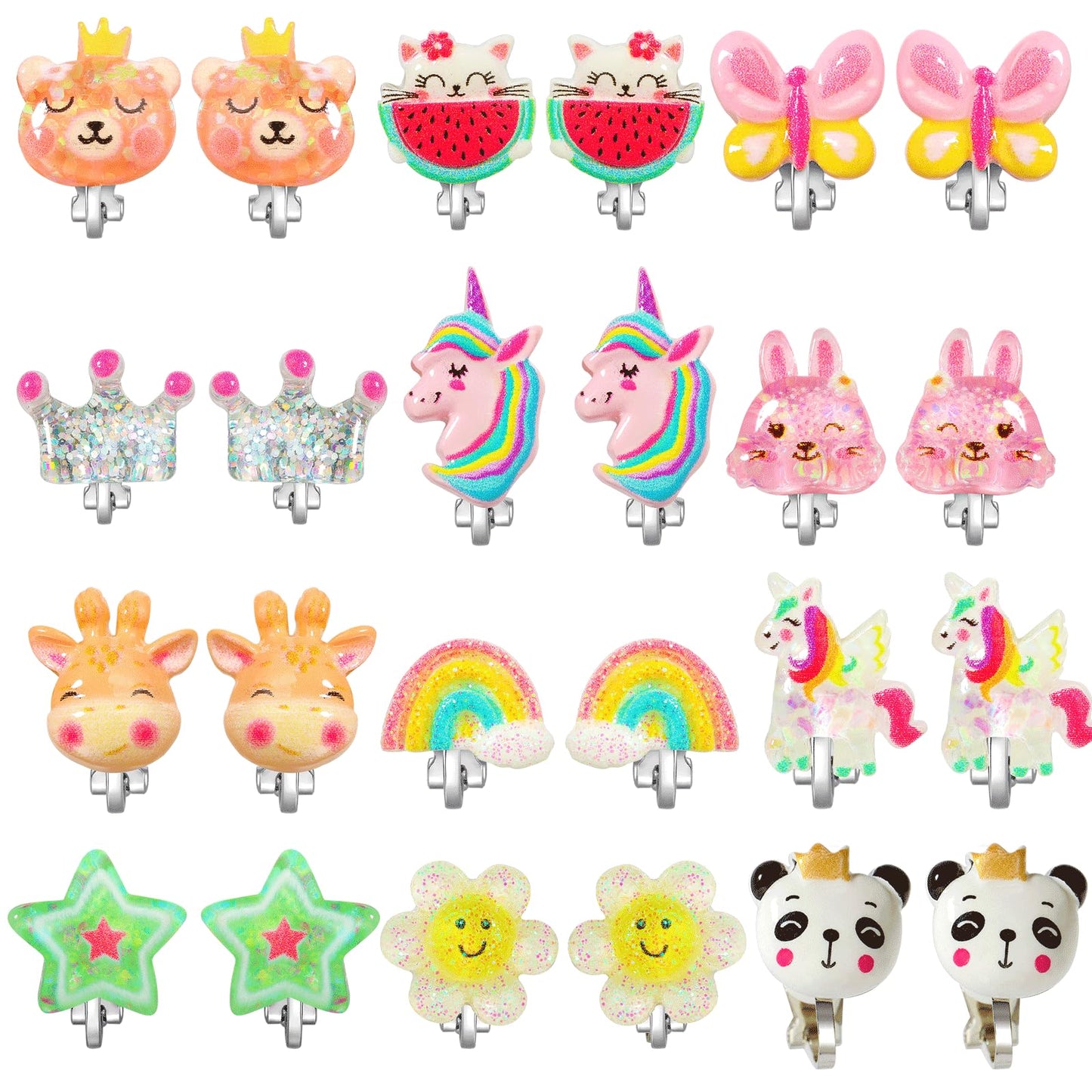PinkSheep Bling Clip On Earrings for Little Girls - Unicorn, Ladybug & Cake Designs, 12 Pairs