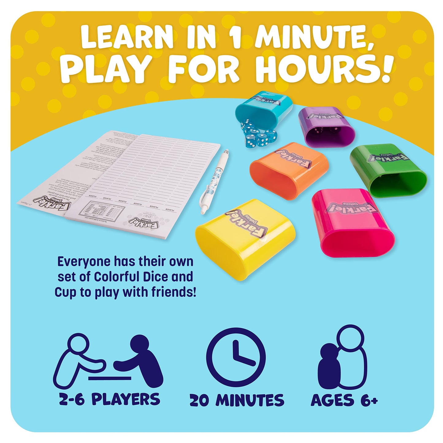 Continuum Games Farkle Deluxe Dice Game Set - 36 Colorful Dice, 6 Rolling Cups, Tray, Score Sheets - Multicolor, Model CG0384