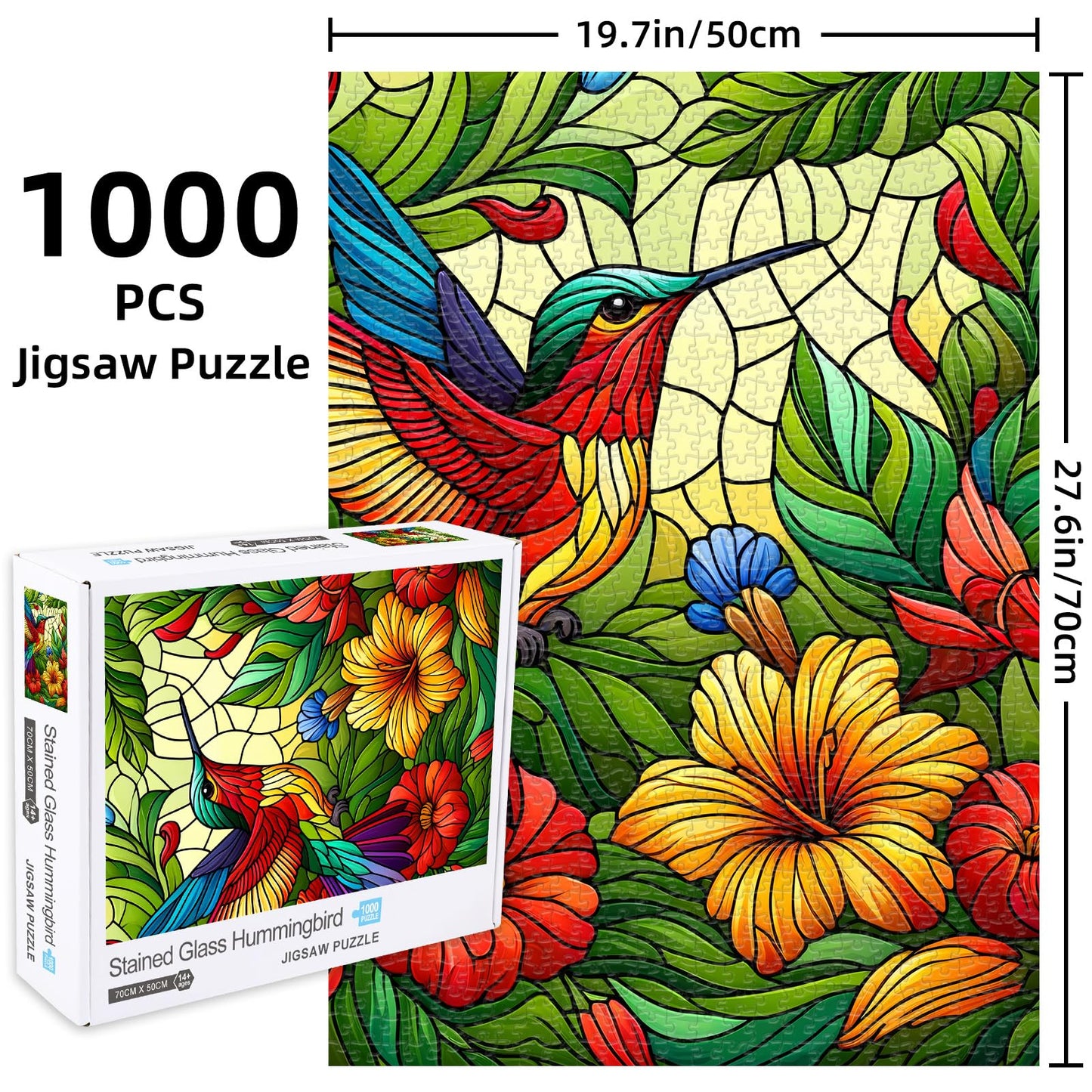 Coastal Rose Stained Glass 1000 Piece Puzzle - Hard Flower Jigsaw, 19.68 x 27.56 in, Cardboard, Hummingbird in Grass