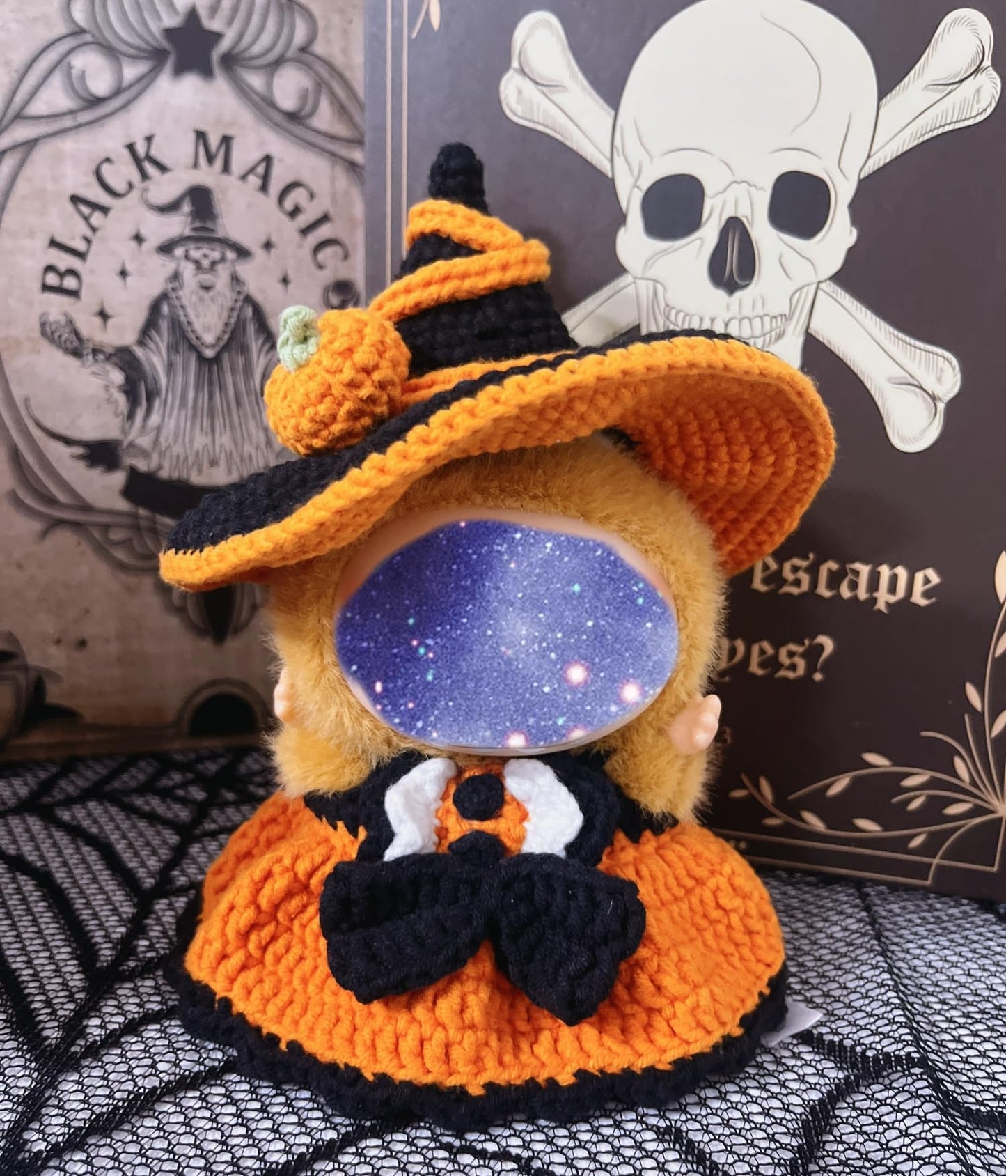 Halloween Clothes for 15-17cm Dolls 2 Piece Witch Cosplay Costume Doll Clothes Handcrafted Crochet Halloween Outfit for Dolls (No Doll Included) (Orange)