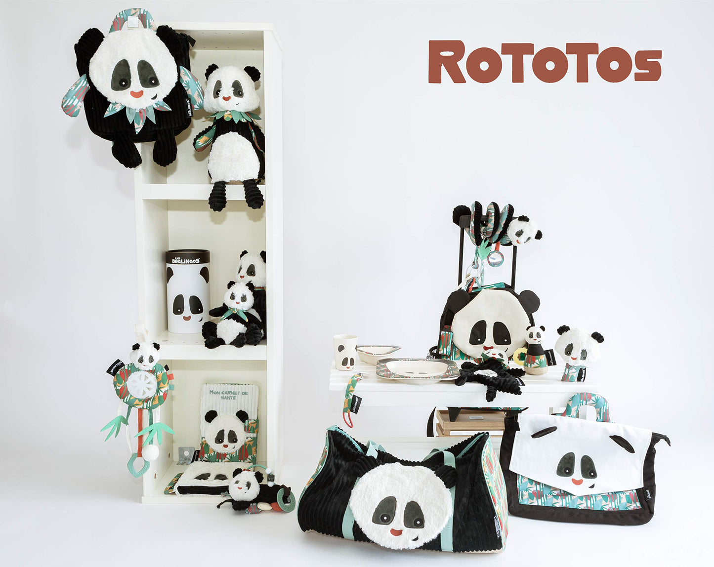 LES DÉGLINGOS Panda Plush Toy - Simply Rototos, One Size, Black & White, Polyester, Model 32128
