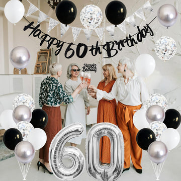 60Th Birthday Decorations For Men Women, Black Silver White Birthday Balloons, Black Happy 60Th Birthday Banner Birthday Cake To