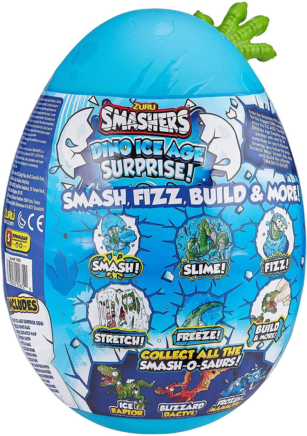 ZURU SMASHERS Dino Ice Age Raptor Surprise Egg - Blue, Over 25 Surprises, Collectible Dinosaur Toy, Model 7455D