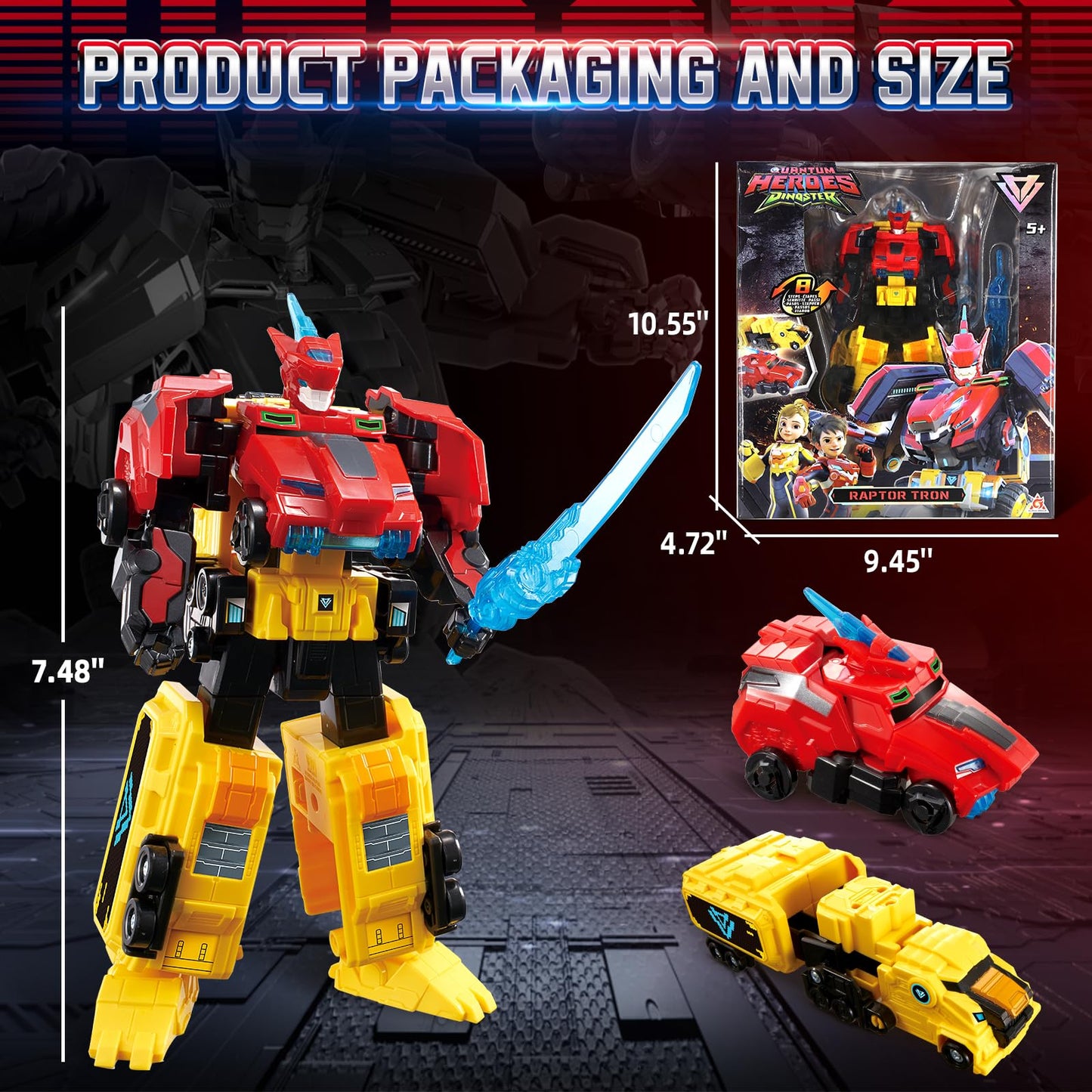 Quantum Heroes Dinoster Transforming Toys, 2-In-1 Transforming Robot Raptor Tron, 7.48-Inch Action Figure Children'S Robot Toy,