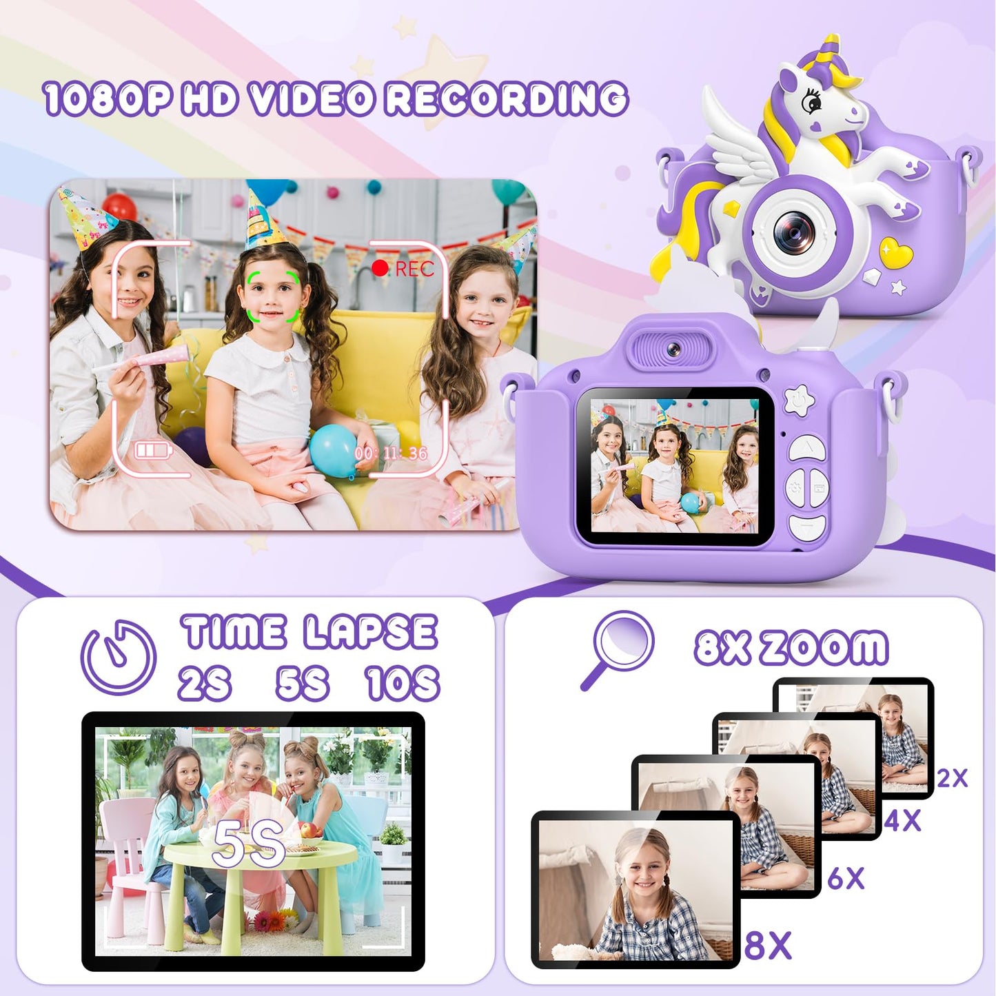 Kids Camera Toys Digital Camera For Kids, Christmas Birthday Gifts For Girls Age 3-12, Selfie 1080P Hd Video Digital Camera For 3 4 5 6 7 8 9 10 Year Old Girls With 32Gb Sd Card
