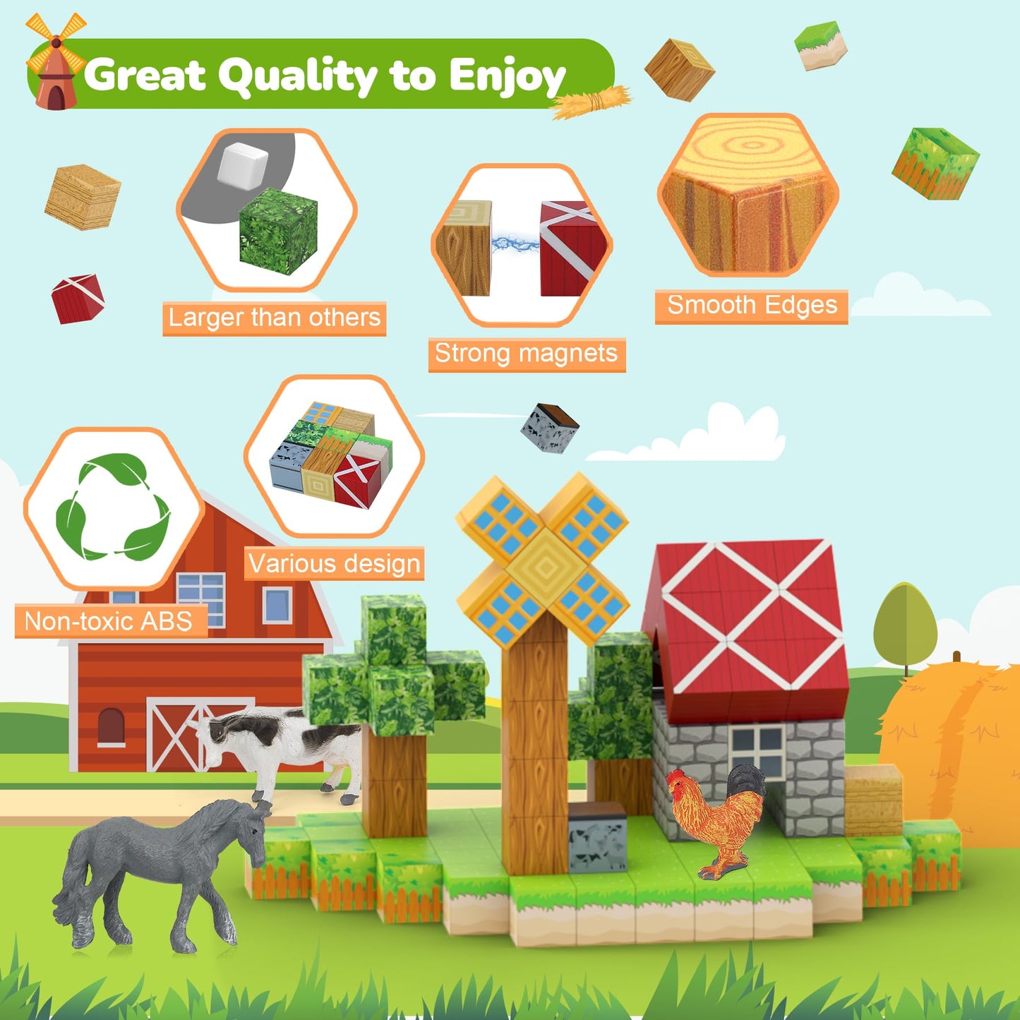 Dulsaera Magnetic Blocks 110Pcs With 6 Animal Toys, Mine Farm Building Blocks Set, Toys For Boys & Girls Age 4-6, 6-8, Stem Mont