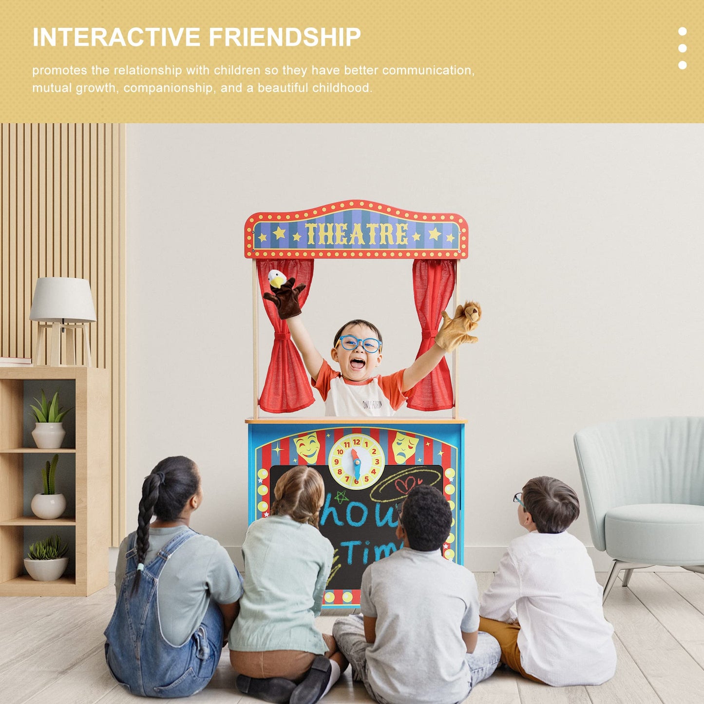 Chiuhei Deluxe Wooden Puppet Theater With Curtains, Blackboard And Clock, Double-Sided Play Store 3-8Y & Kid Puppet Show Theater